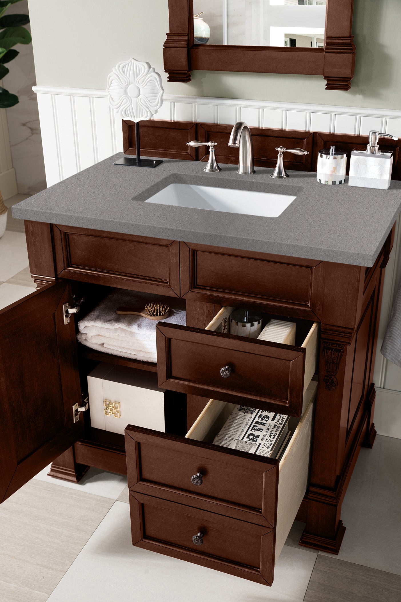 Brookfield 36 Inch Single Bathroom Vanity with Warm Cherry Finish & 3CM Grey Expo Quartz Countertop - Perfect for Modern Master Bathrooms and Guest Suites
