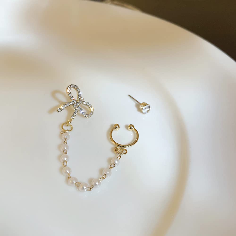 JWICOS Gold Rhinestone Bowknot Stud Asymmetric Earrings for Women - Delicate Cuff Chain Wrap Tassel Pearl Earrings | Perfect for Parties, Weddings & Date Nights