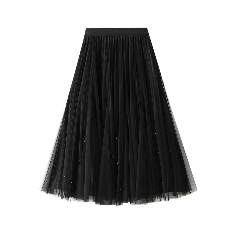 Beaded Mesh High Waist Fairy Pleated Midi A-Line Skirt for Women | Elegant Boho Summer Skirt for Beach, Party & Casual Wear | Style 731