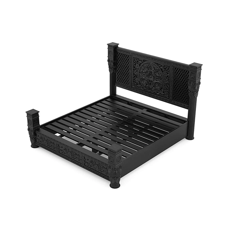 Hand Carved Solid Wood Bedroom Bed Frame - Elegant Black Finish with Intricate Carvings | Perfect for Master Bedrooms, Guest Rooms & Luxury Home Decor
