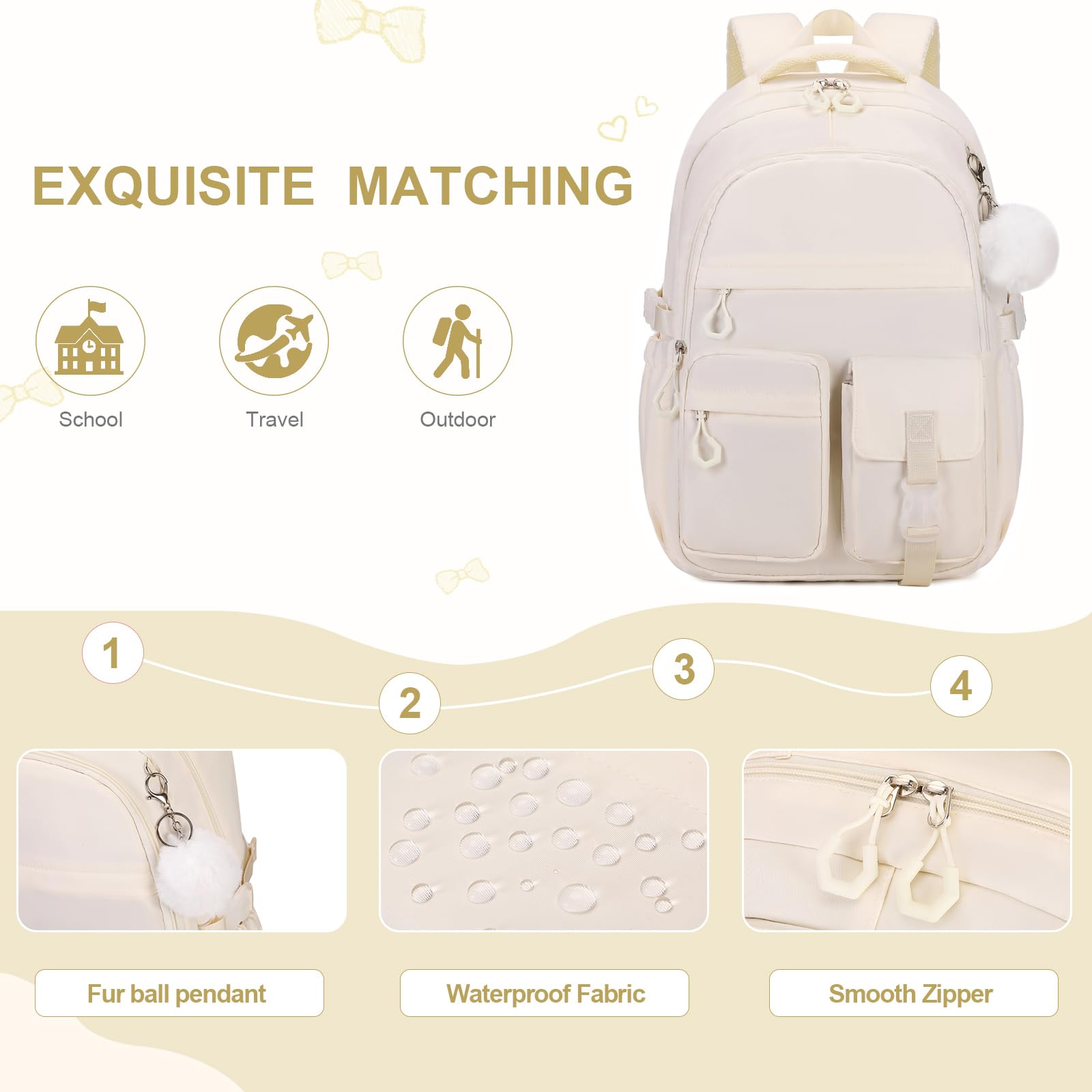 3PCS Girls Backpack Set for School - Cute Kids Backpack with Lunch Bag & Pencil Case, Durable Bookbag for Elementary Middle High College Students (White) - Perfect for School, Travel, and Daily Use