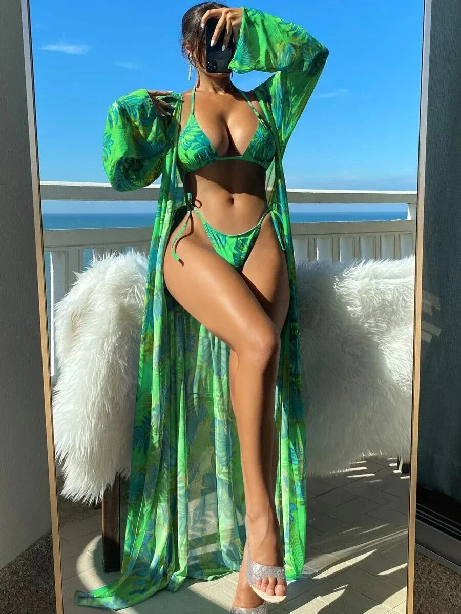 3 Piece Triangle String Bikini Set for Women - Sexy Swimwear with Matching Kimono Cover Up - Perfect for Beach, Pool Party & Summer Vacation