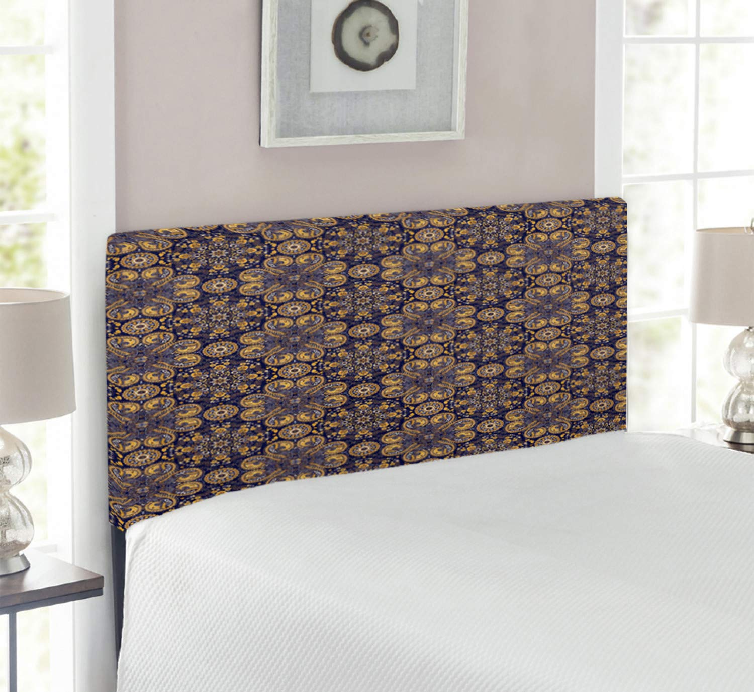 Ambesonne Mandala Headboard - Eastern Mystical Design with Curlicues & Floral Patterns, Upholstered Metal Bed Headboard with Memory Foam, Twin Size in Earth Yellow & Indigo - Perfect for Bohemian & Eclectic Bedroom Decor