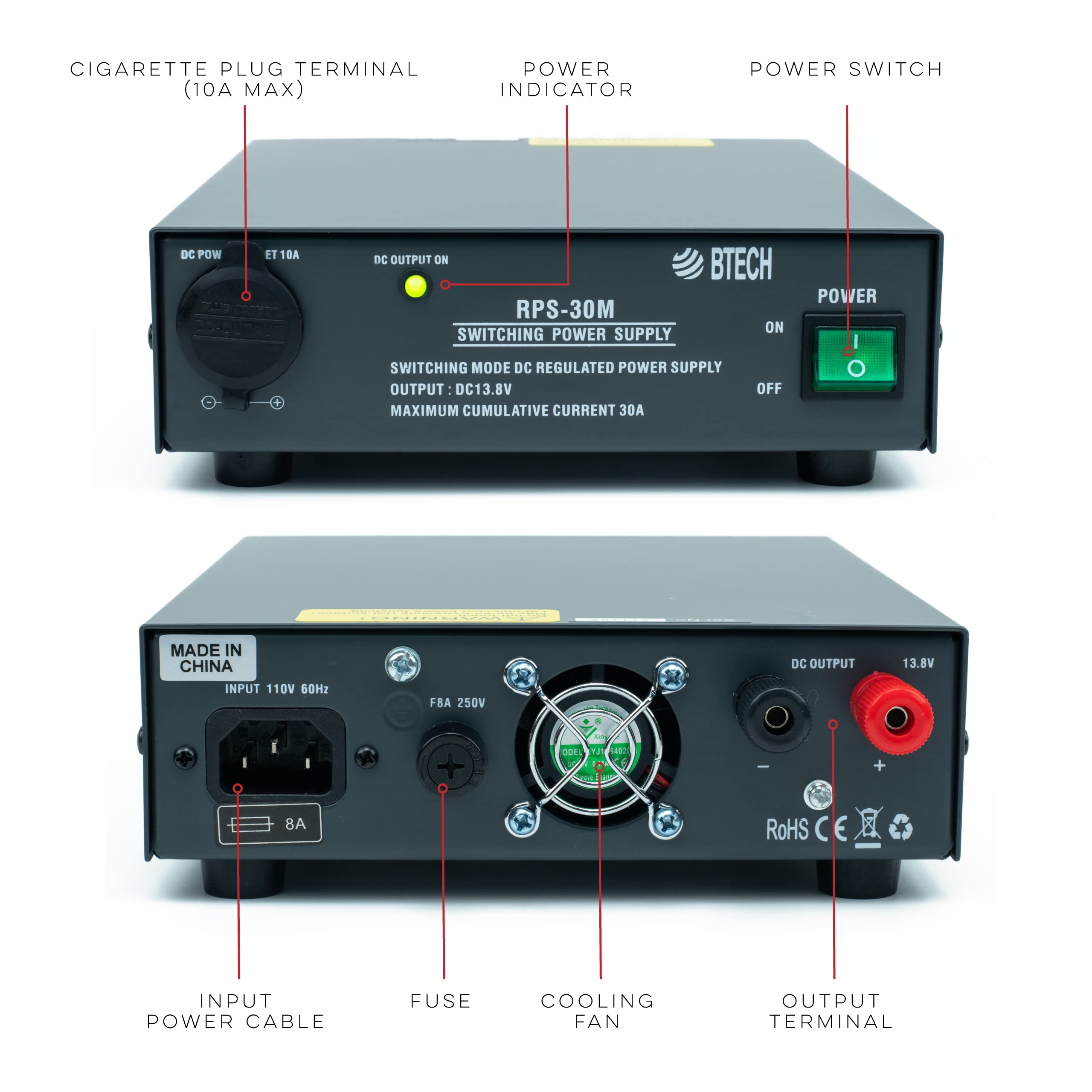 BTECH RPS-30M 30A Compact Regulated Bench Power Supply - 13.8V AC/DC Converter with Screw Terminals & Cigarette Lighter Plug for Car Audio, Ham Radio & Electronics Testing