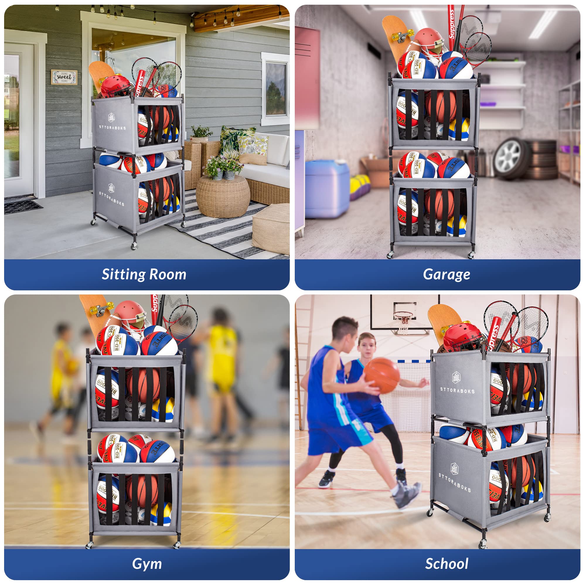 Lockable Sports Ball Storage Cart with Wheels - Stackable Ball Organizer Basket with Elastic Straps for Garage, Gym & Sports Equipment | Portable Ball Cage for Basketball, Soccer, Volleyball & Playground Use