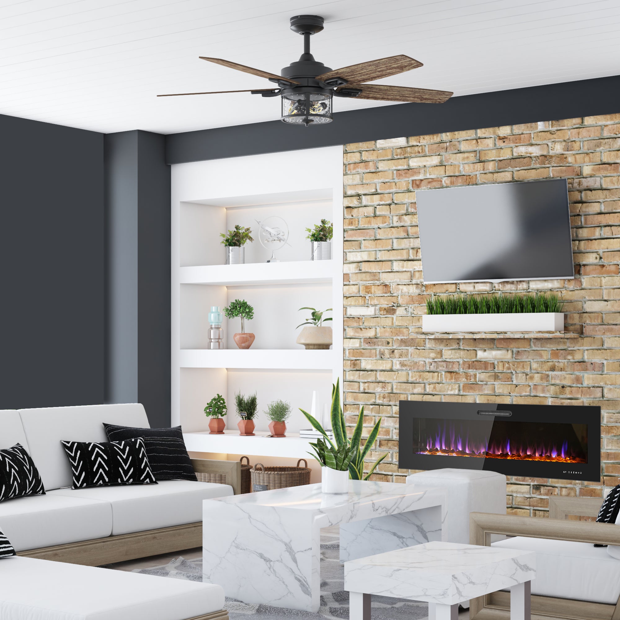 60 Inch LED Slim Electric Fireplace Insert - Wall Mounted Fireplace with 1500W Heater, Adjustable Realistic Flame, Remote Control | Log & Crystal Ember Options | Perfect for Living Room, Bedroom & Office Heating & Decor