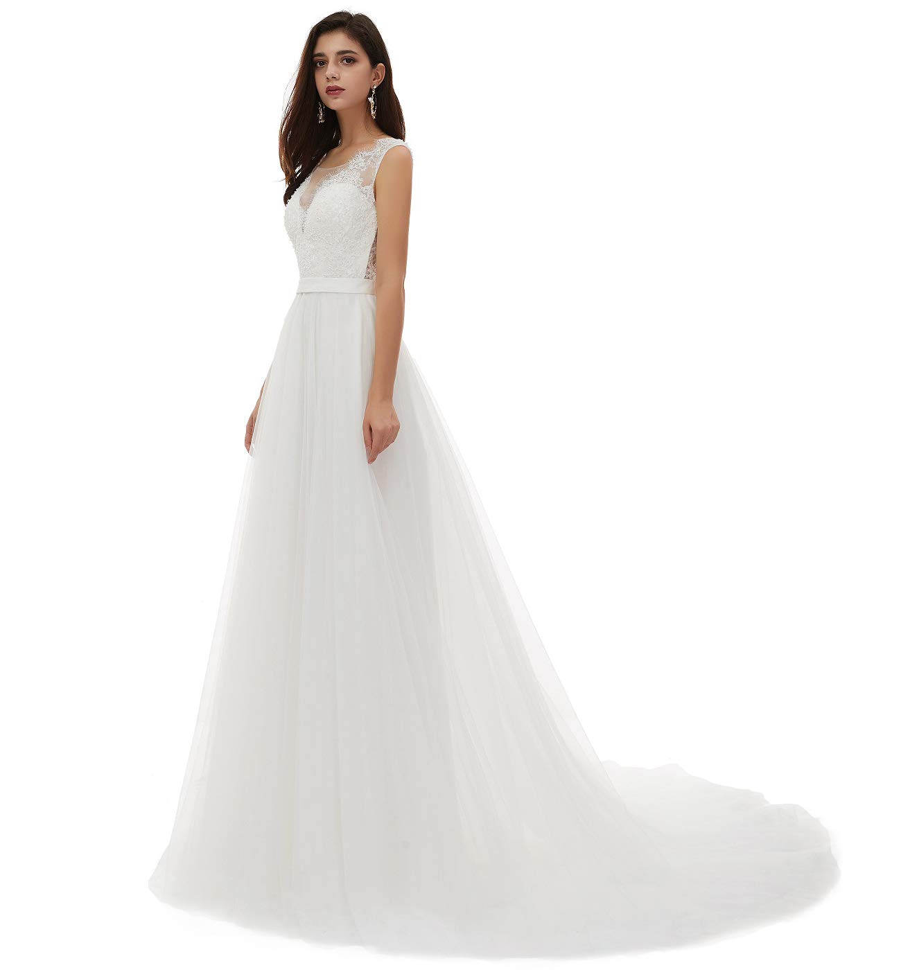 Elegant Women's V-Neck A-Line Lace Tulle Beach Wedding Dress for Bride - Perfect for Beach Ceremonies, Destination Weddings & Romantic Photoshoots