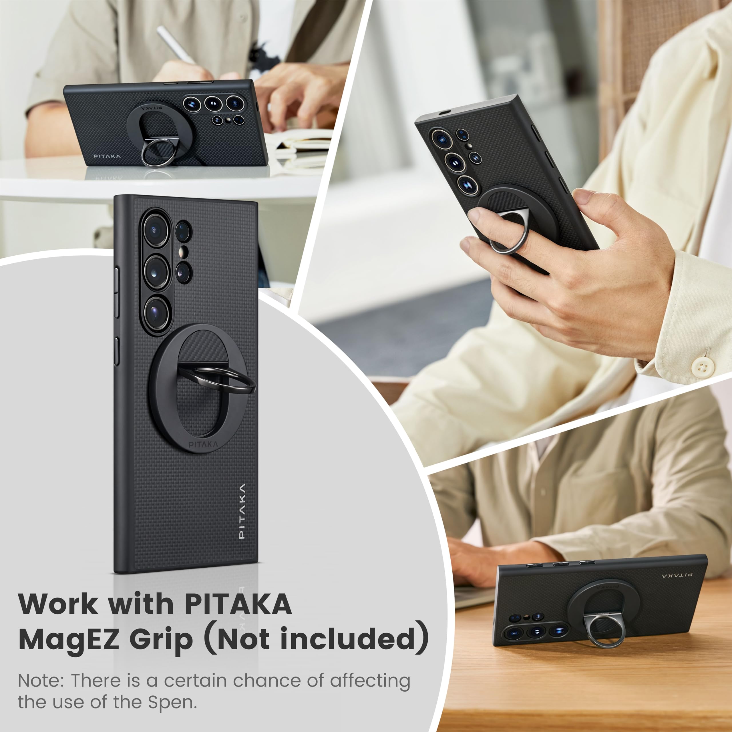 Pitaka Samsung Galaxy S24 Ultra Case 6.8 Inch - Magsafe Compatible Protective Phone Cover with 1500D Aramid Fiber - Slim Durable Black Case for Work, Travel & Everyday Use [PinButton Design]