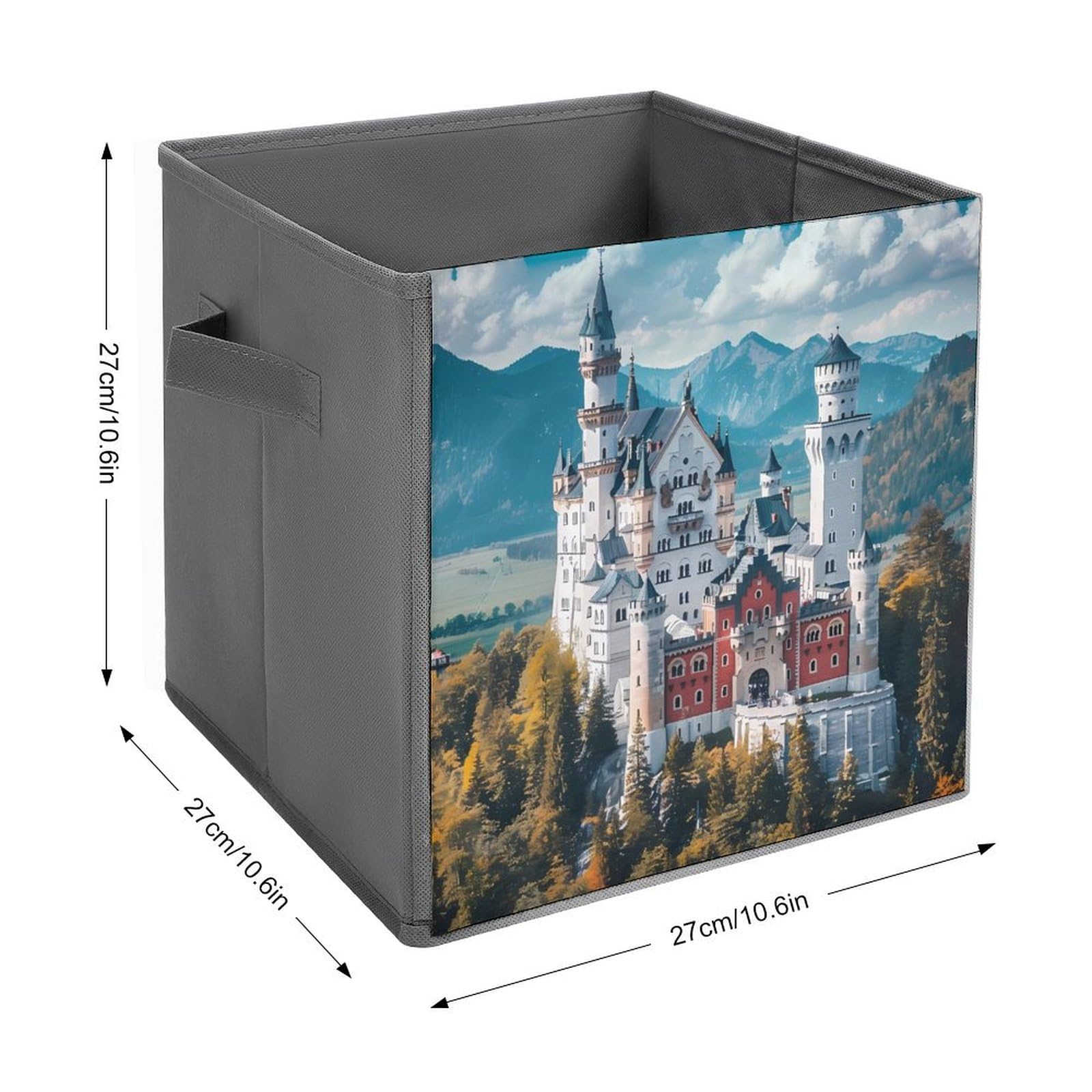 Germany Neuschwanstein Castle Folding Storage Cubes - 2 Pack Collapsible Fabric Bins with Handles for Home, Office, Closet & Toy Organization (White) | Space Saving Storage Solution for Bedroom, Kids Room & Dorm