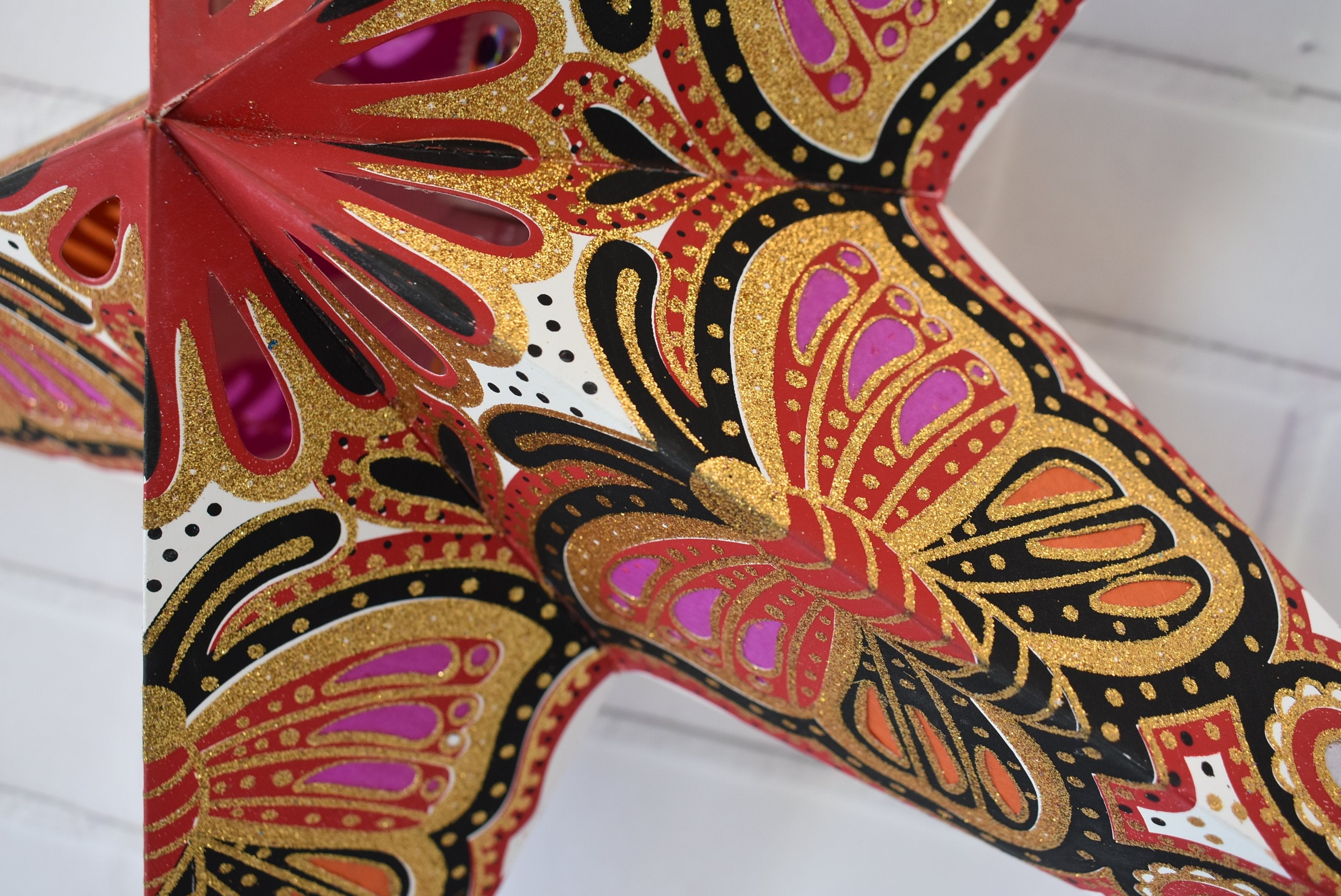 24 Pack Red & Black Butterfly Glitter Paper Star Lanterns - Hanging Wedding Decorations, Party Supplies for Indoor/Outdoor Events, Birthday Celebrations & Festival Lighting