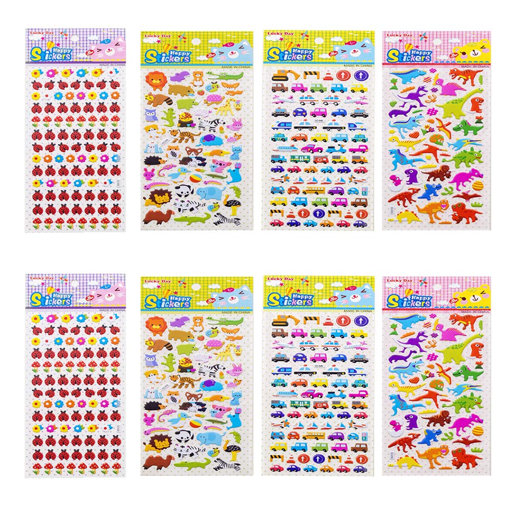 Toyvian 12 Sheets Bubble Stickers Set - Cartoon DIY Decorative Stickers for Kids with Ladybug, Vehicle & Dinosaur Designs | Fun Arts & Crafts Activity for School Projects, Scrapbooking & Room Decor