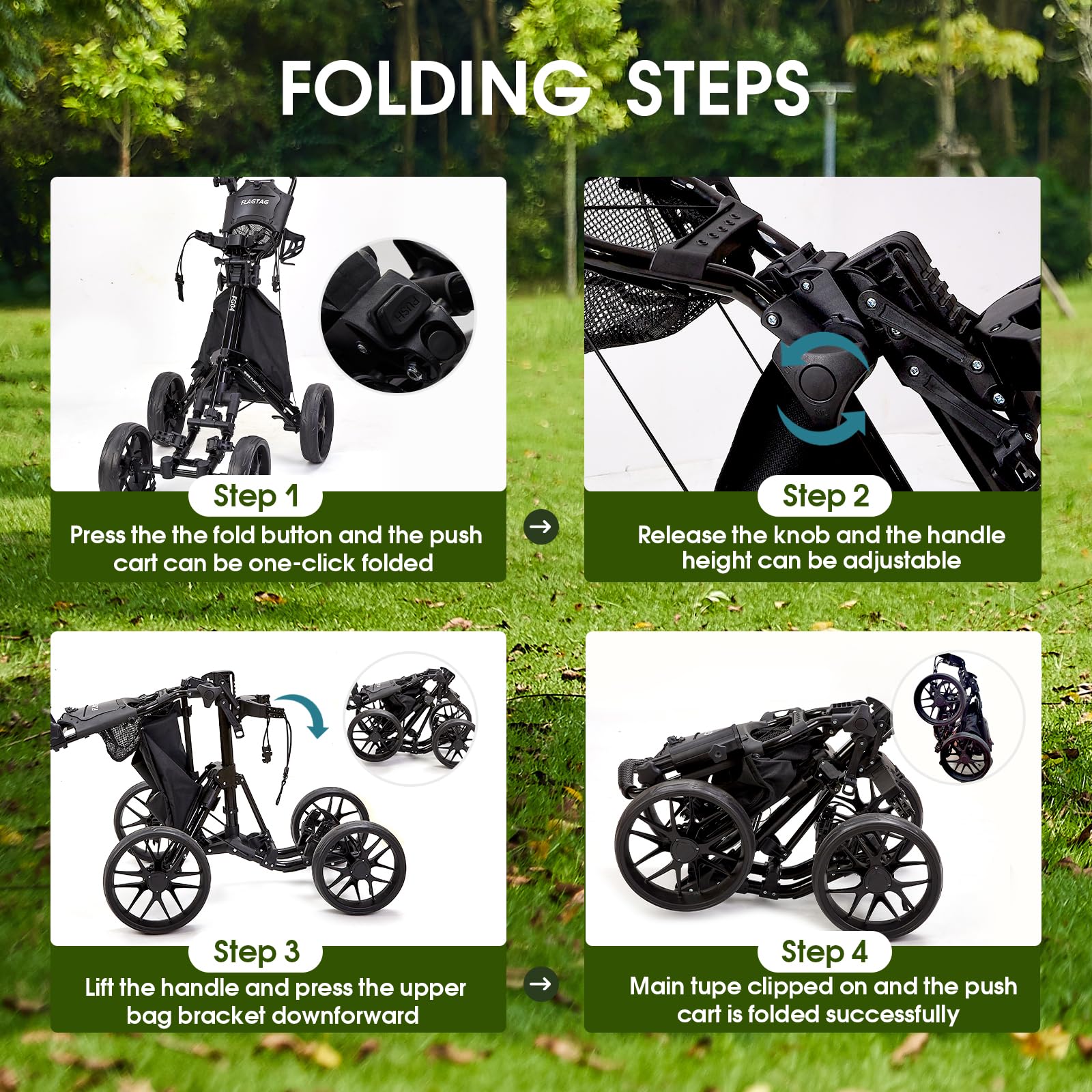 4-Wheel Folding Golf Push Cart with Cup Holder, Umbrella Holder & Cooler Bag - One-Click Foldable, Adjustable Handle Height - Perfect for Walking Golfers on the Course