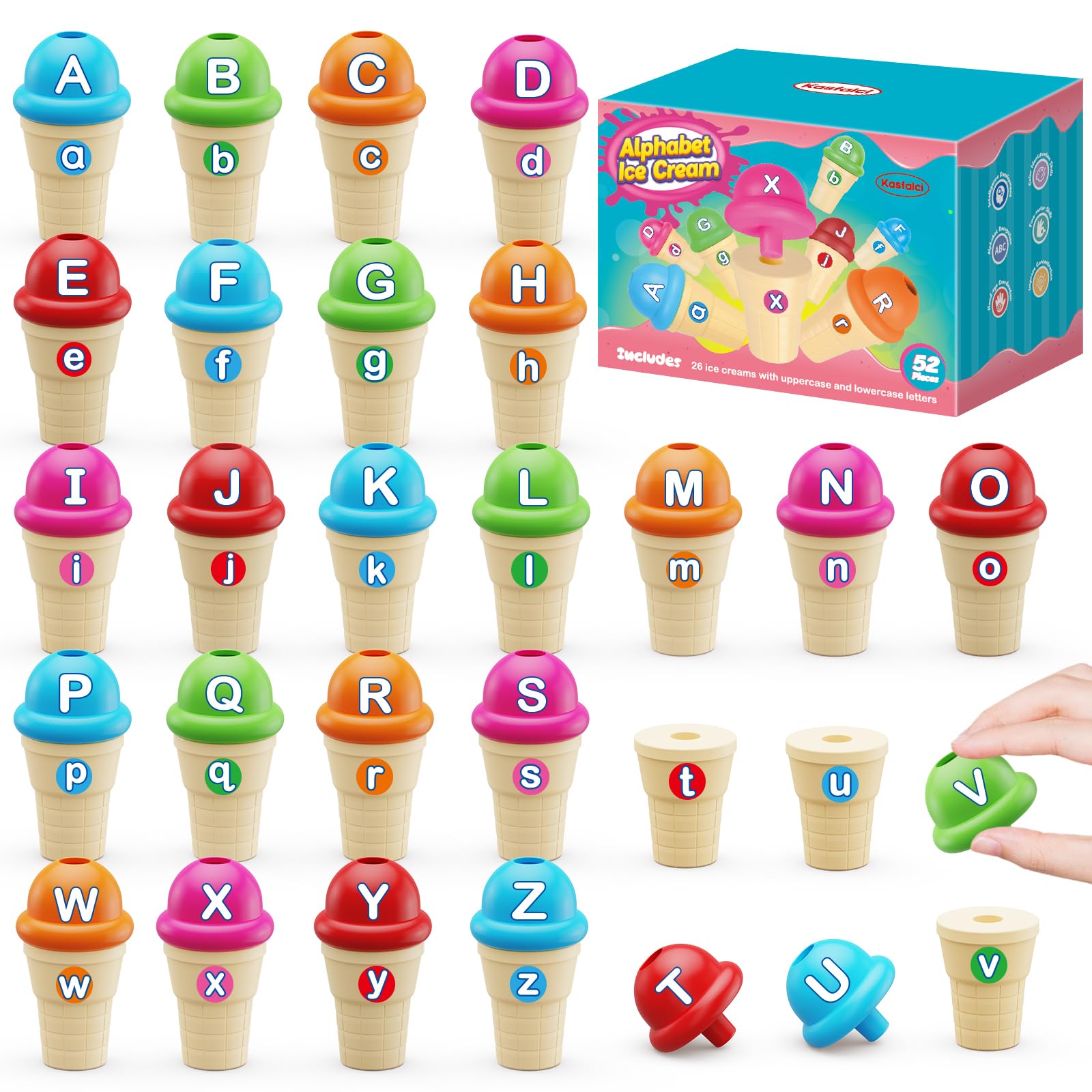 Alphabet Learning Toys for Toddlers - ABC Ice Cream Play Set, Montessori Letter Matching & Color Sorting Game, Fine Motor Stacking Educational Toys | Preschool Kindergarten Learning Activities for Kids | Perfect for Classroom, Homeschool & Early Childhood Development