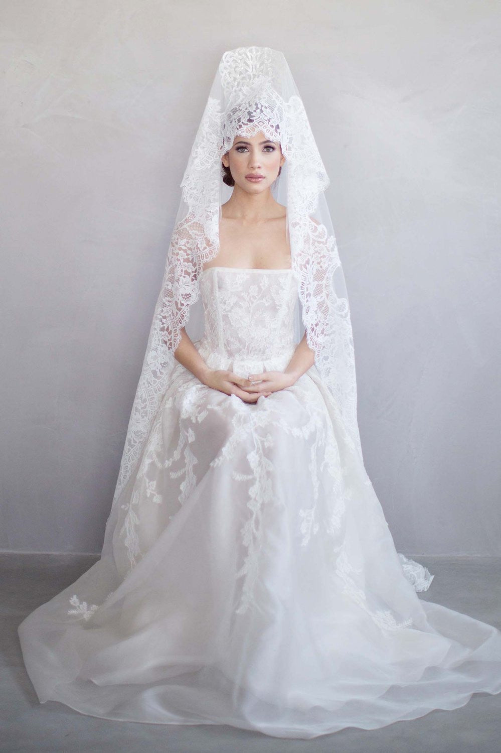 Ivory Madrid French Lace Mantilla Veil - Elegant Bridal Headpiece for Weddings, Church Ceremonies & Special Occasions