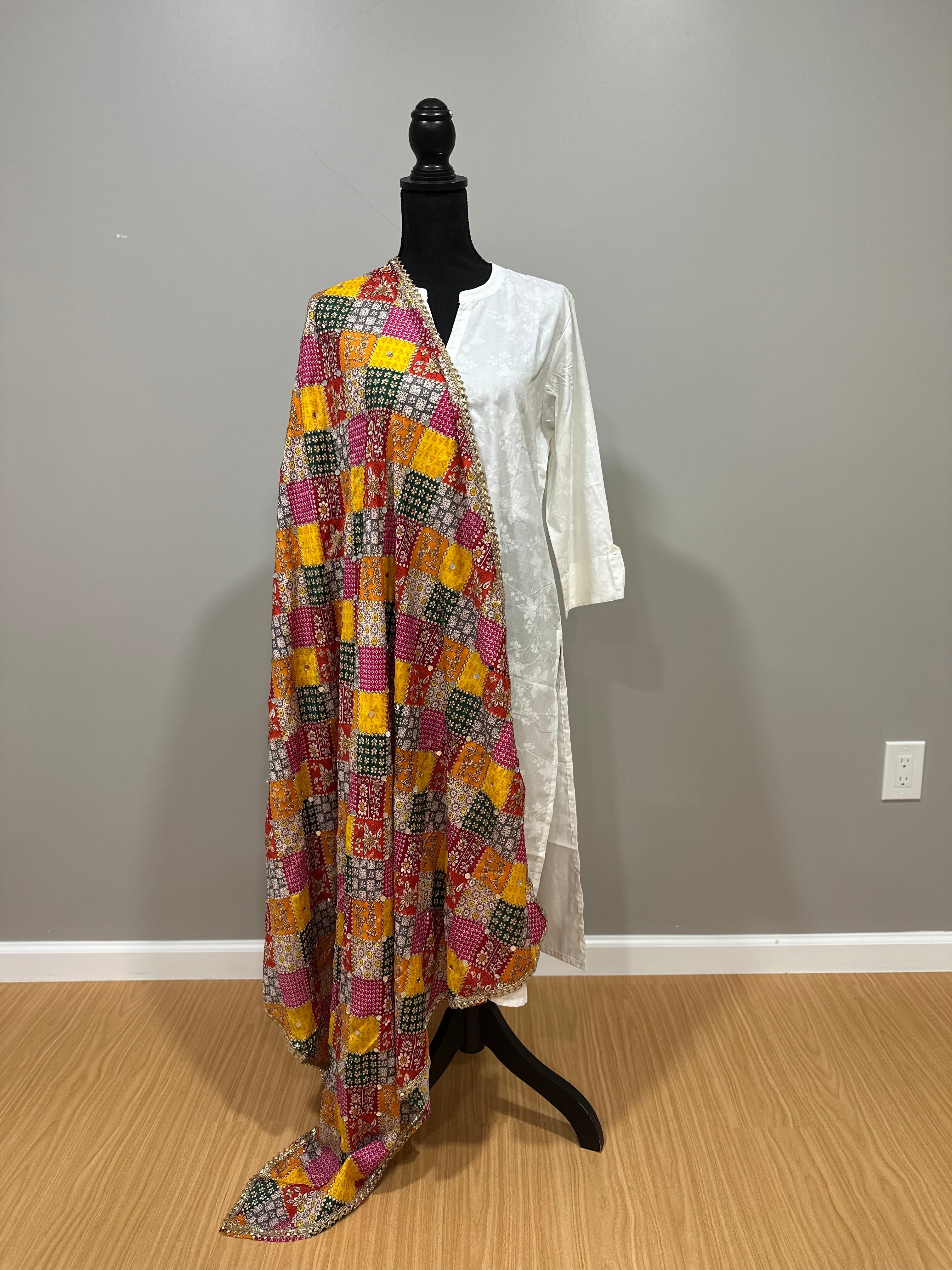 Colorful Phulkari Style Dupatta with Mirrors - Traditional Indian Scarf for Women - Perfect for Weddings, Festivals & Ethnic Outfits