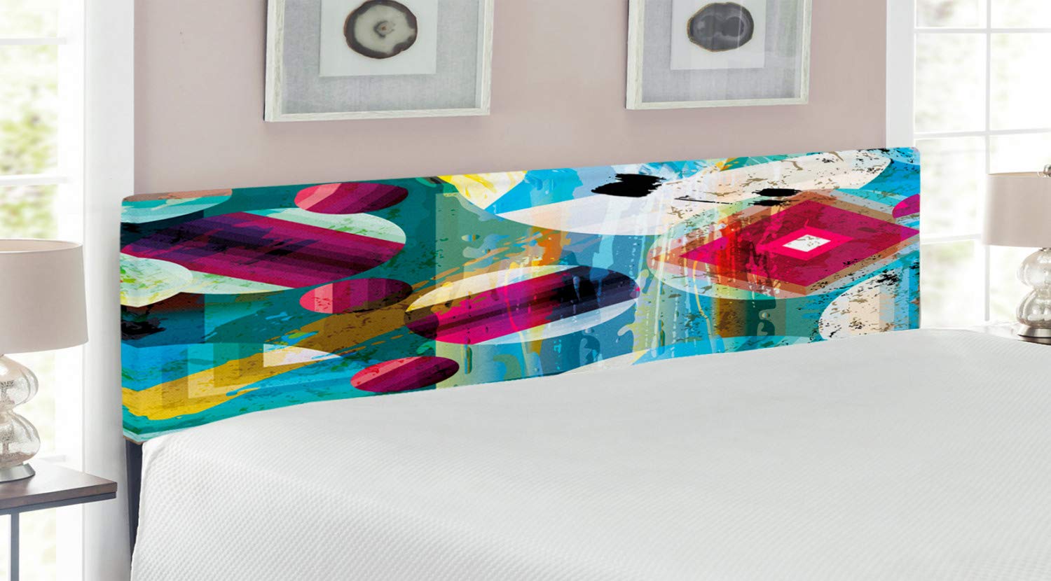 Ambesonne Modern Art Upholstered Headboard - Vintage Geometric & Circle Space Planet Design, King Size Decorative Metal Bed Frame with Memory Foam, Multicolor | Perfect for Contemporary Bedrooms & Space-Themed Decor