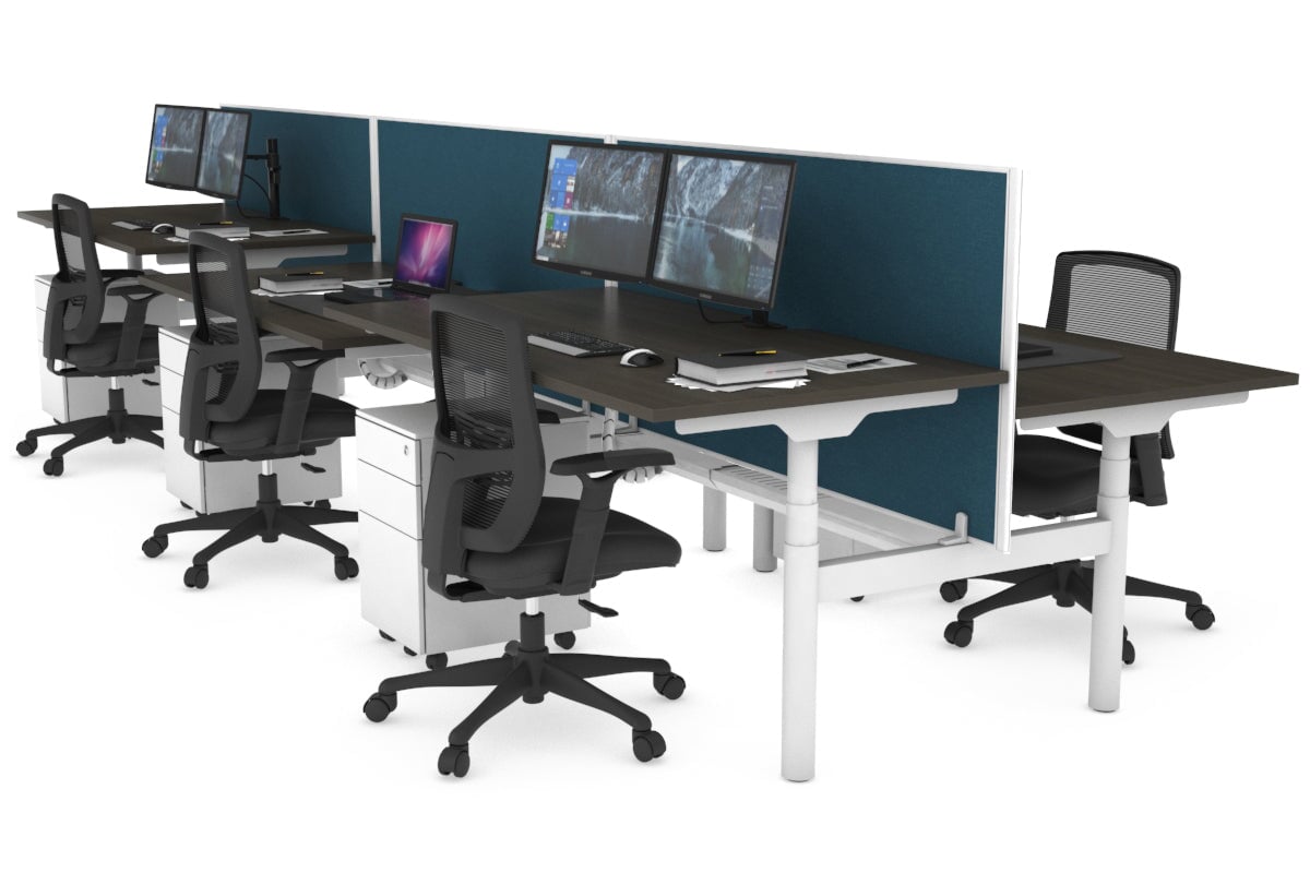 Flexi Premium Height Adjustable 6-Person H Bench Workstation - White Frame [1600L x 800W with Cable Management] - Ideal for Office, Coworking Spaces & Collaborative Work Environments