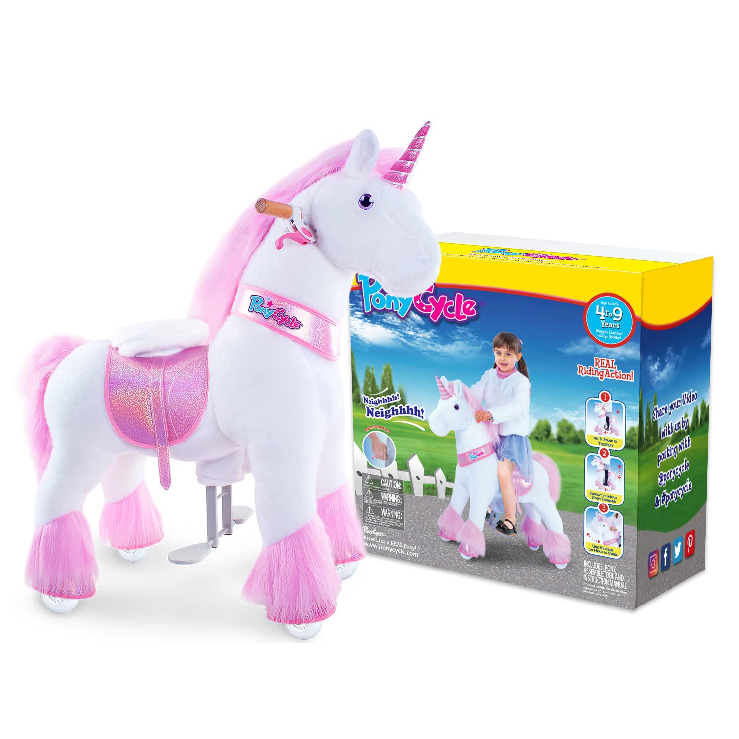 PonyCycle Pink Unicorn Ride-On Toy for Girls - Classic Model U with Brake, 36