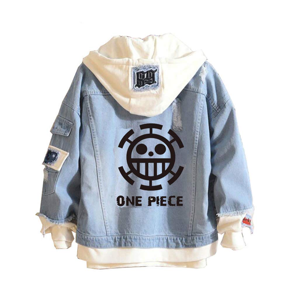 Trendy Anime Denim Jacket for Cosplay - Vintage Ripped Hooded Sweatshirt Coat with Distressed Jeans Look | Perfect for Halloween Costumes, Comic Con Events & Anime Themed Parties