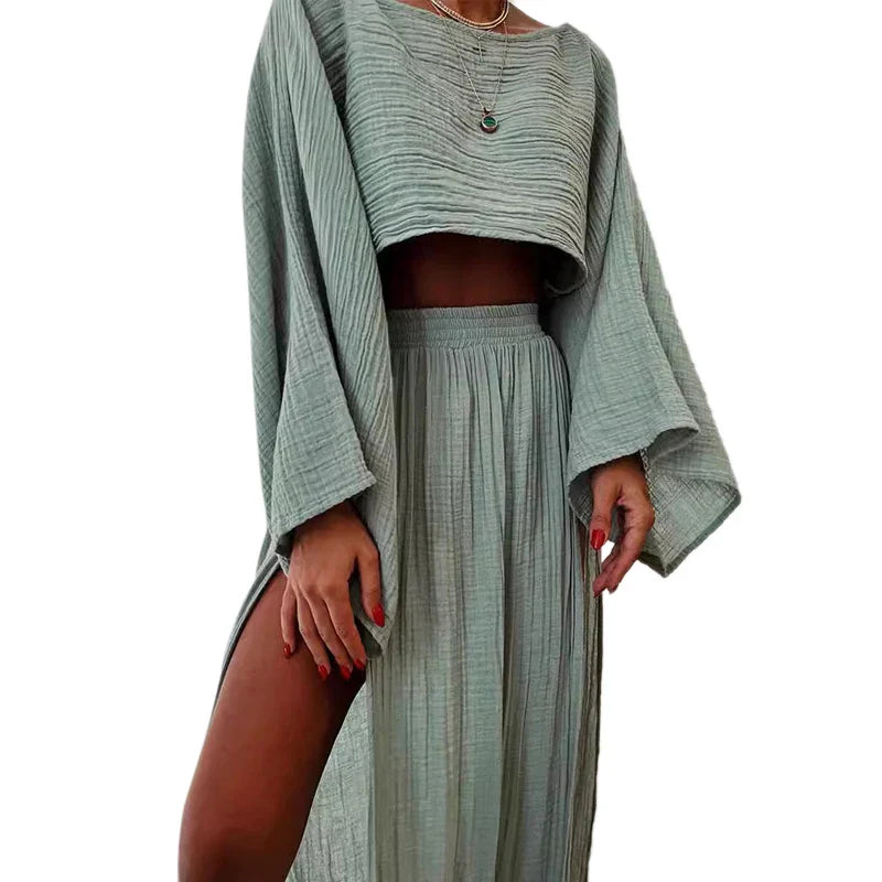 Stylish Women's Linen 2-Piece Set - Crop Top & High Waist Slit Maxi Skirt | Summer Beach Cover Up, Lounge Wear & Vacation Outfit | Breathable Linen Fabric for Casual, Boho & Date Night Looks