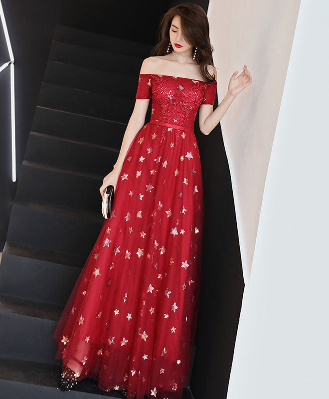 Elegant Burgundy Off Shoulder Tulle Long Prom Dress for Women - Formal Evening Gown for Homecoming, Wedding, Ball & Special Occasions