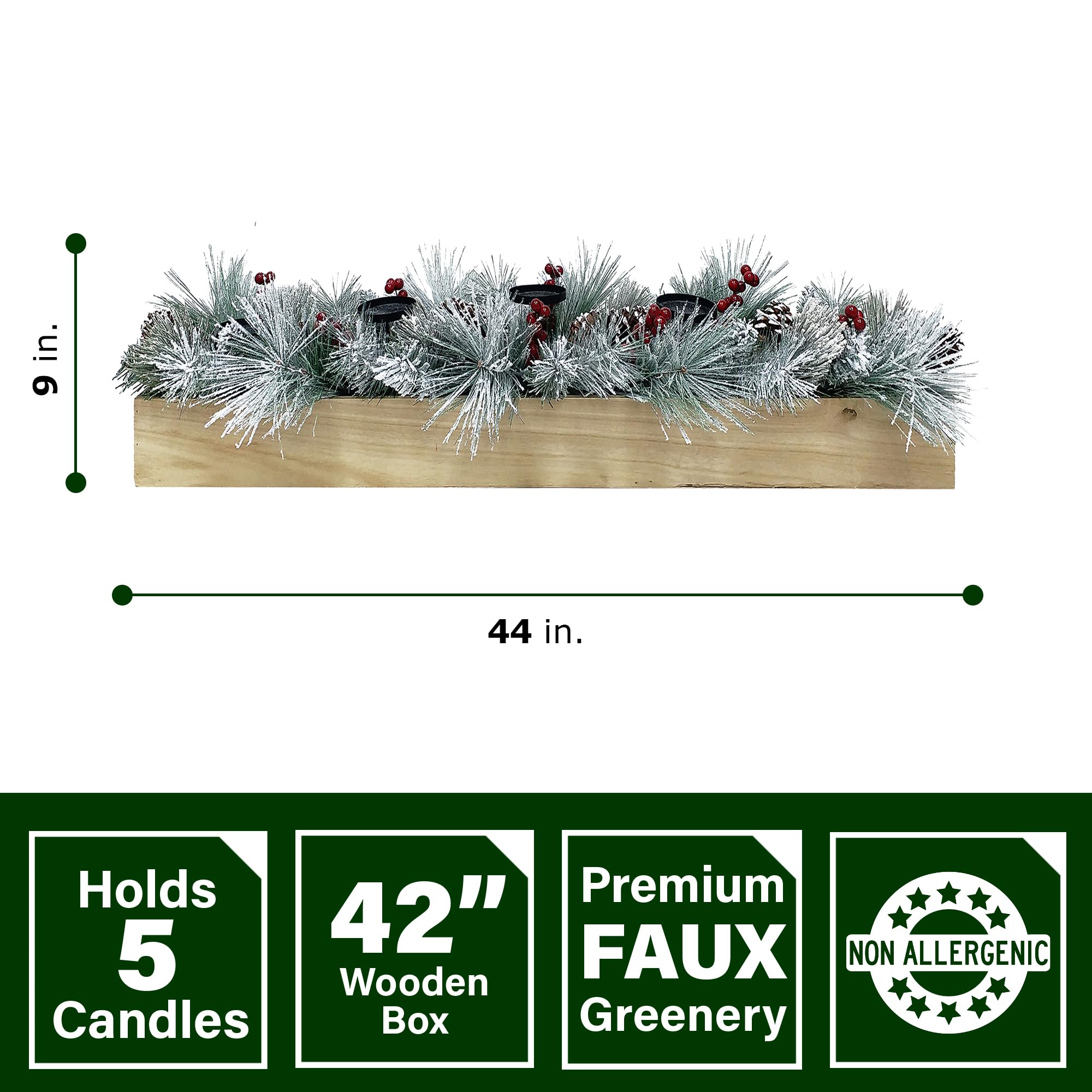 Fraser Hill Farm 42-Inch Snowy Pine Christmas Tabletop Pillar Candle Holder with Pinecones & Red Berries - Holds 5 Candles - Elegant Holiday Home Decor for Mantel, Dining Table & Festive Centerpieces