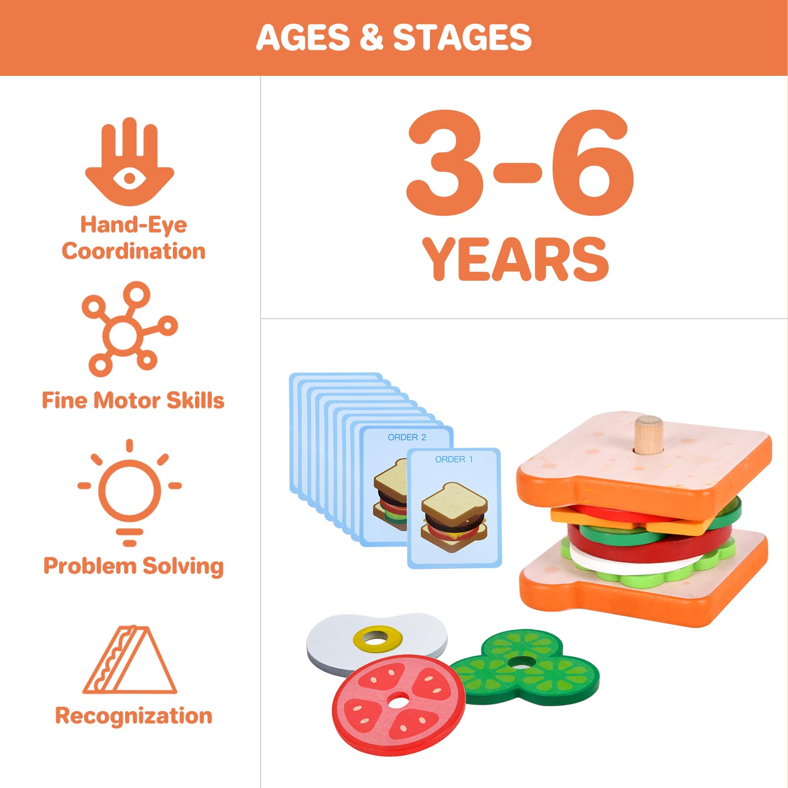 Wooden Sandwich Stacking Toys for Kids - Montessori Educational Learning Toys for Toddlers Ages 3-5 | Pretend Play Kitchen Food Set | Perfect Christmas & Birthday Gift for Boys & Girls | Great for Preschool Learning & Imaginative Play