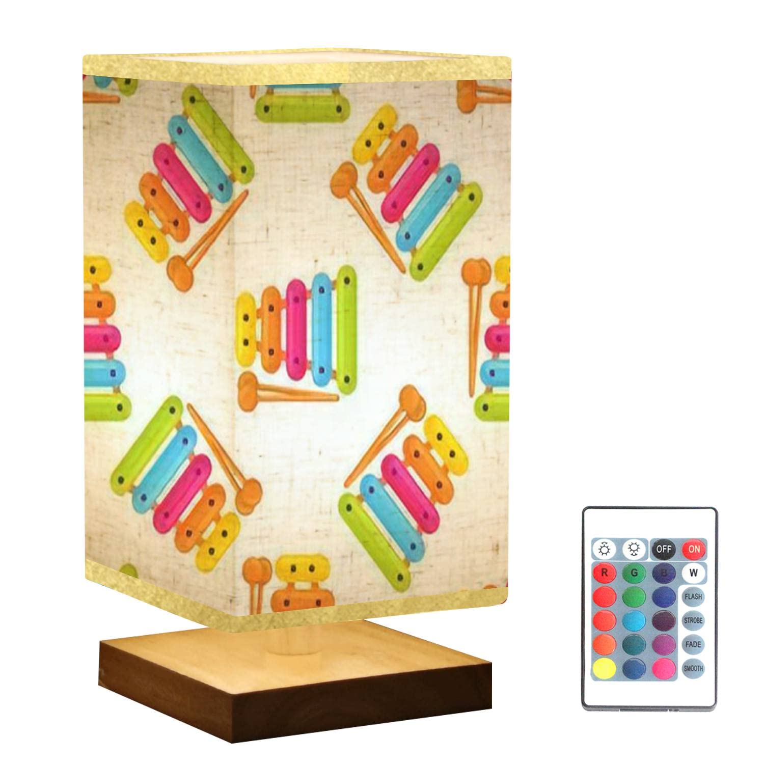 Kids Xylophone Nightstand Lamp - Wooden Base with Multicolored Flaxen Fabric Shade, Dimmable Bedside Table Lamp for Bedroom & Living Room | Musical Instrument Decor & Nursery Lighting