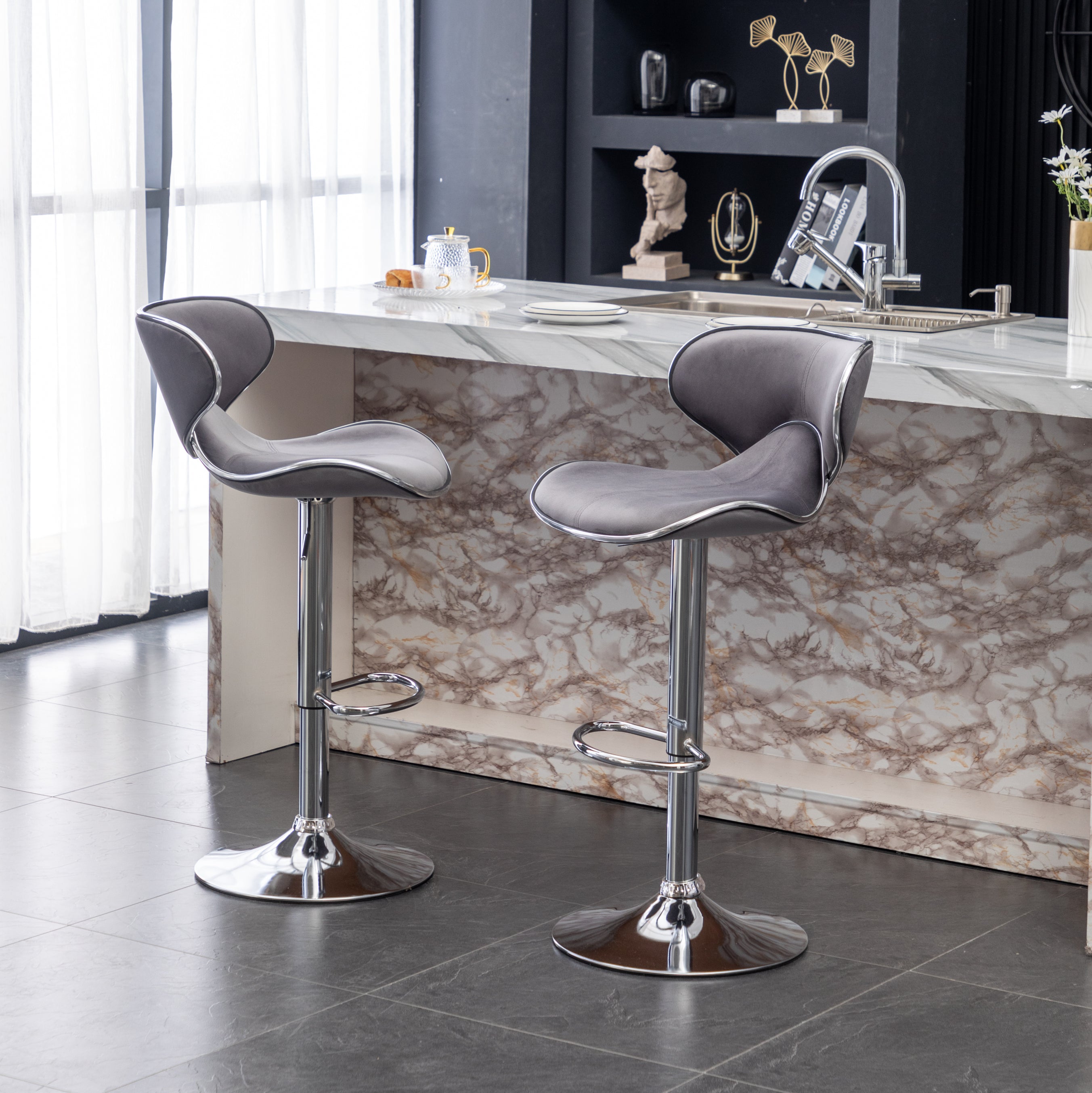 Roundhill Furniture Masaccio Velvet Upholstered Adjustable Swivel Bar Stool - Set of 2, Gray - Modern Kitchen Island & Home Bar Stools for Dining & Entertaining