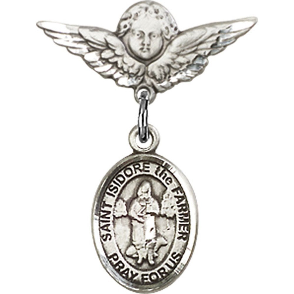 St. Isidore The Farmer Sterling Silver Baby Badge with Angel Wing Charm - 7/8 X 3/4 Inch Religious Jewelry Pin for Christening, Baptism & First Communion Gifts