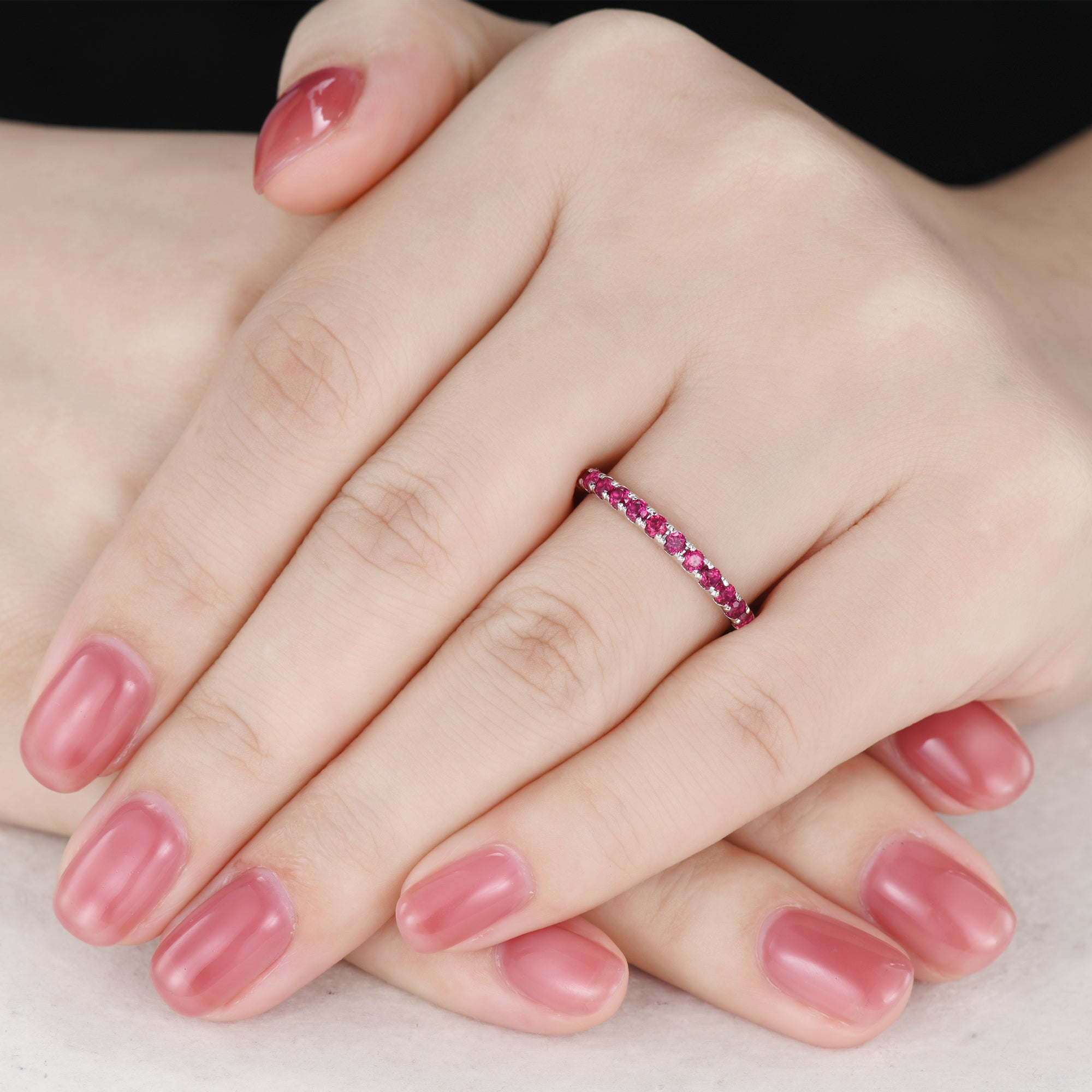 Natural Ruby Wedding Ring for Women - 3/4 Eternity Band in 14K White Gold with Micro Pave Setting (2mm Width) | Perfect for Engagement, Anniversary & Romantic Gifts