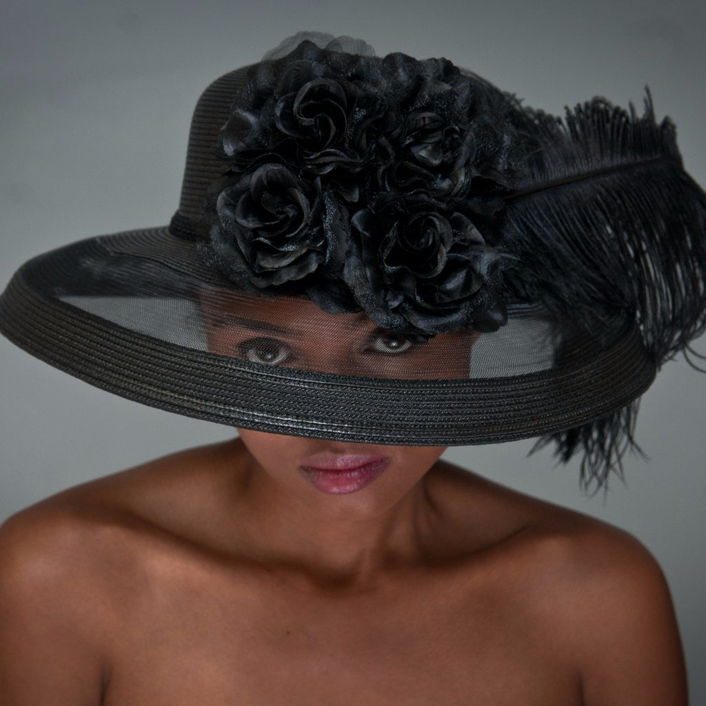 Elegant BW9999 Ostrich Feather Hat with Floral Accents - Perfect for Weddings, Tea Parties & Vintage Fashion Events