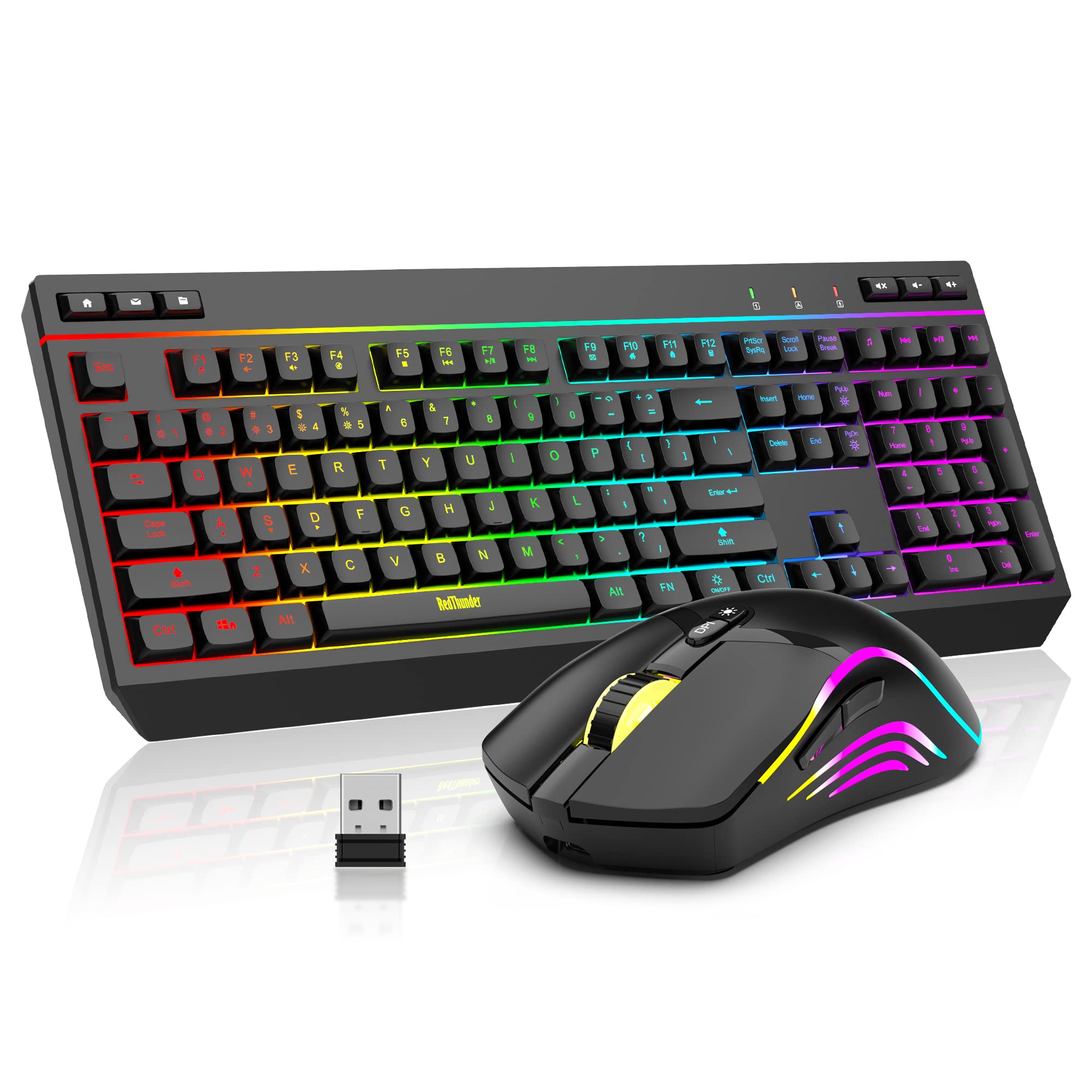 RedThunder K20 Wireless Keyboard and Mouse Combo - Full Size Anti-Ghosting Mechanical Keyboard with RGB Backlit, 7D 4800DPI Ergonomic Gaming Mouse, Rechargeable for PC Laptop Mac Xbox (Black) | Perfect for Gaming, Office Work & Home Entertainment