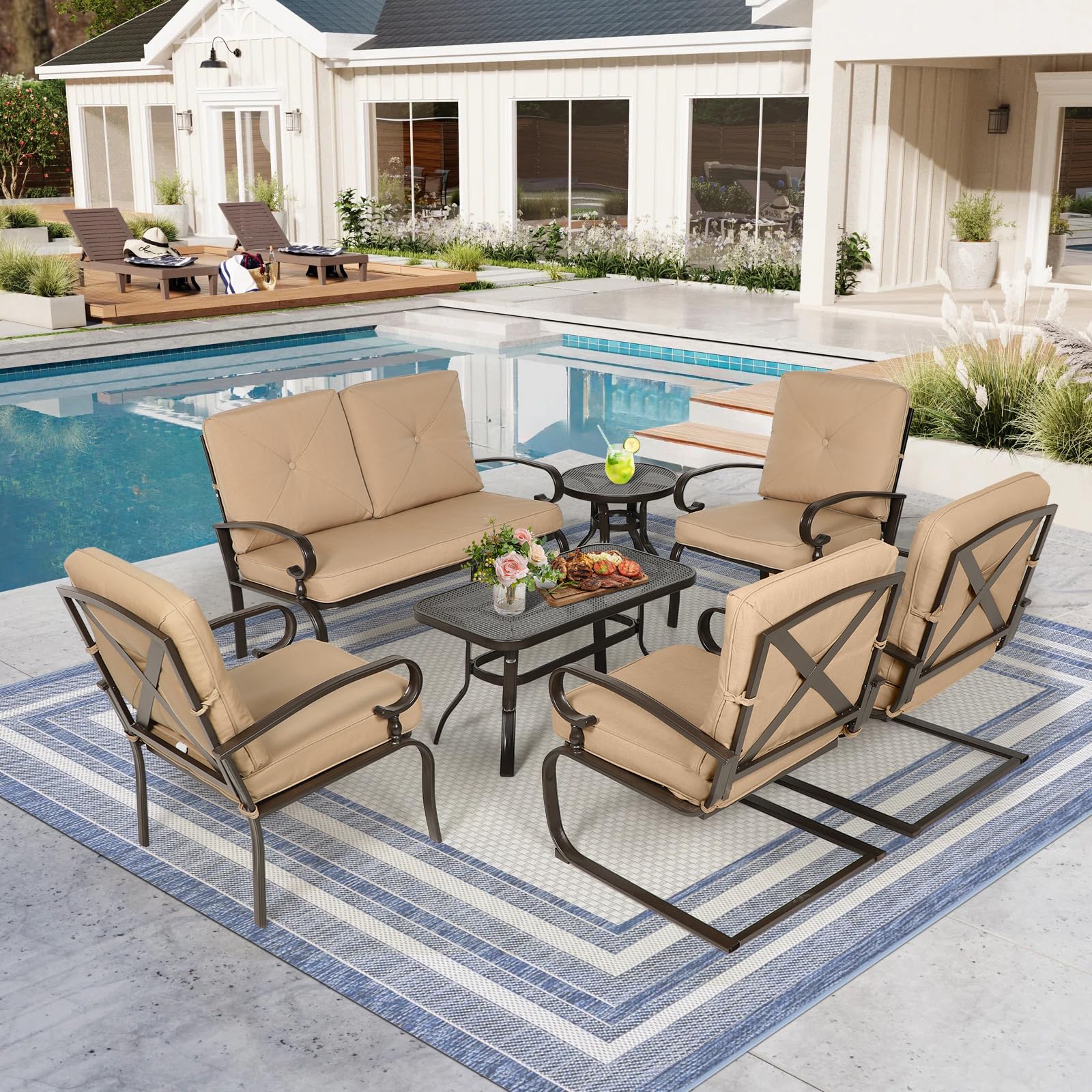 Oakcloud 7-Piece Wrought Iron Outdoor Patio Furniture Set with Cushions - Loveseat, Coffee Table, Bistro Table, 2 Spring Chairs & 2 Dining Chairs (Brown) - Perfect for Garden, Backyard, Poolside or Terrace Relaxation