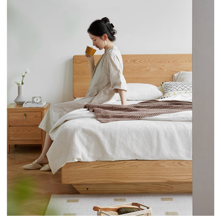 Solid Oak & Black Walnut Wood Floating Platform Bed with LED Lighting - Modern Bedroom Furniture for Contemporary Home Decor