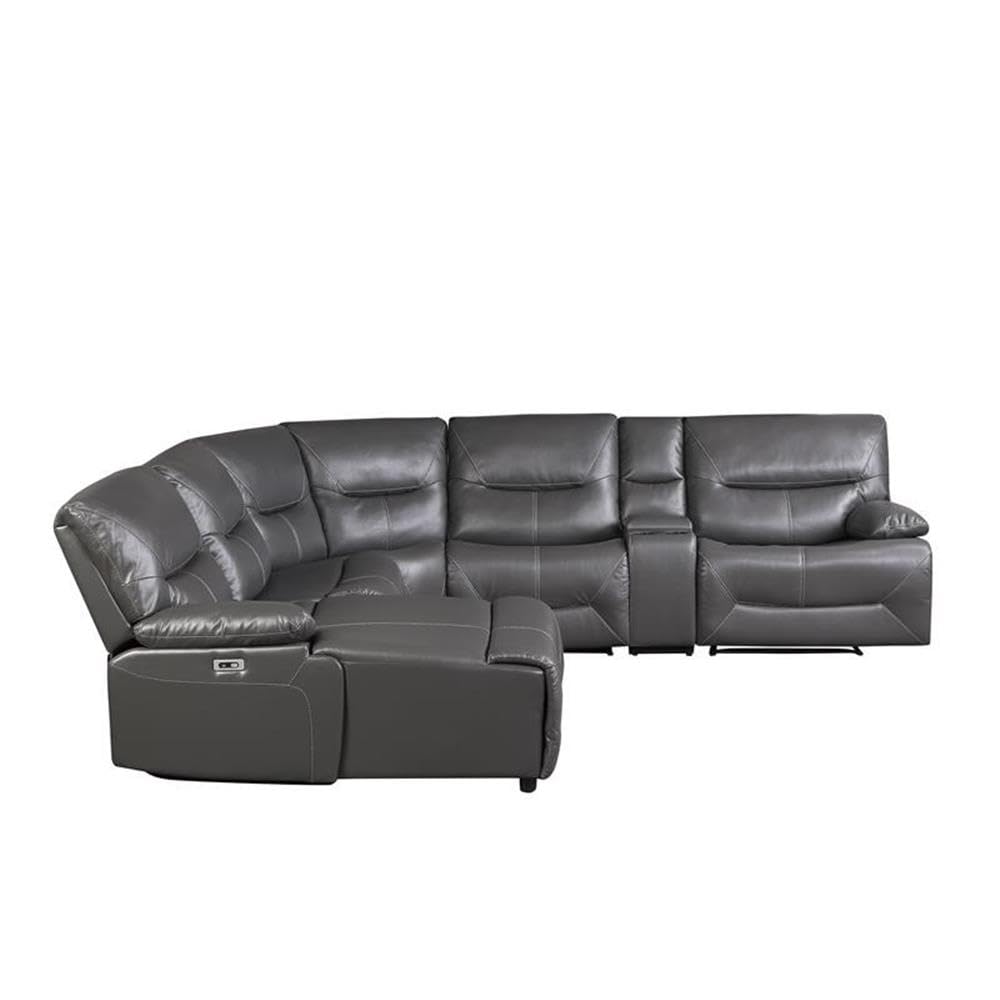 Pemberly Row Transitional 6-Piece Faux Leather Power Reclining Sectional Sofa in Gray - Modern Living Room Furniture for Home Theater & Family Gatherings