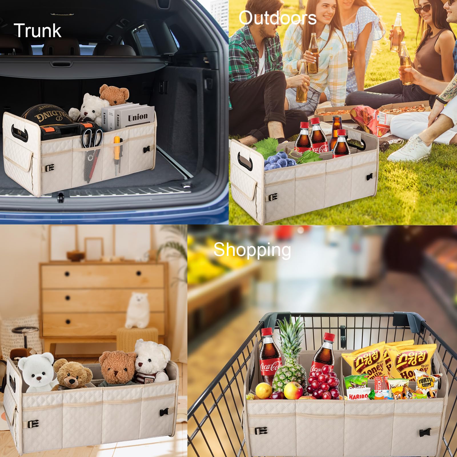 JiatuA Collapsible Multi-Compartment Car Trunk Organizer for SUV - Adjustable Storage Container Box for Women & Men (Beige) | Perfect for Road Trips, Grocery Shopping & Car Organization