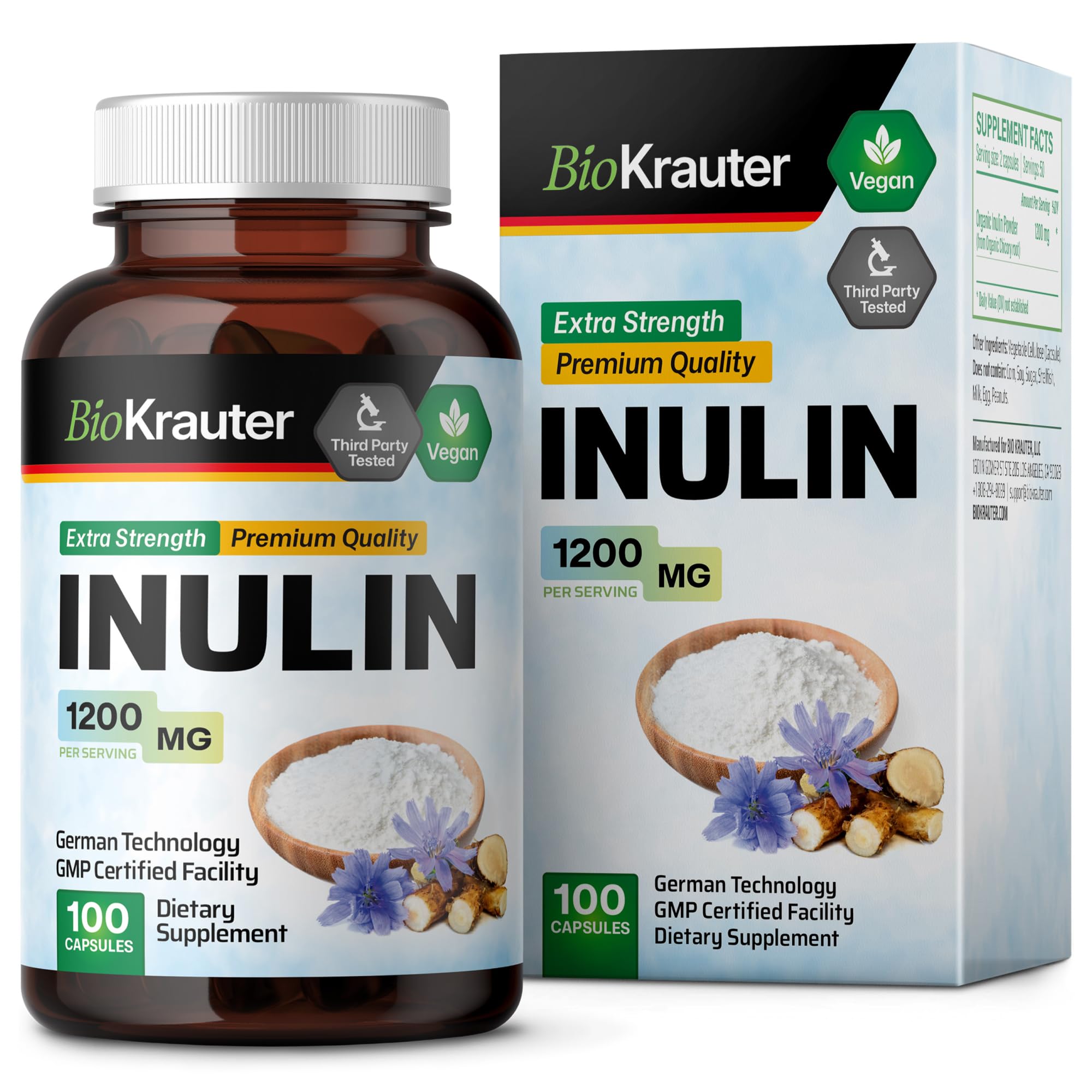 BIO KRAUTER Inulin Powder Capsules 1200mg - 100 Count Pure Soluble Fiber Supplement | Chicory Root Fiber for Digestive Support | Vegan, Non-GMO | Supports Gut Health & Weight Management | Perfect for Smoothies, Coffee & Baking