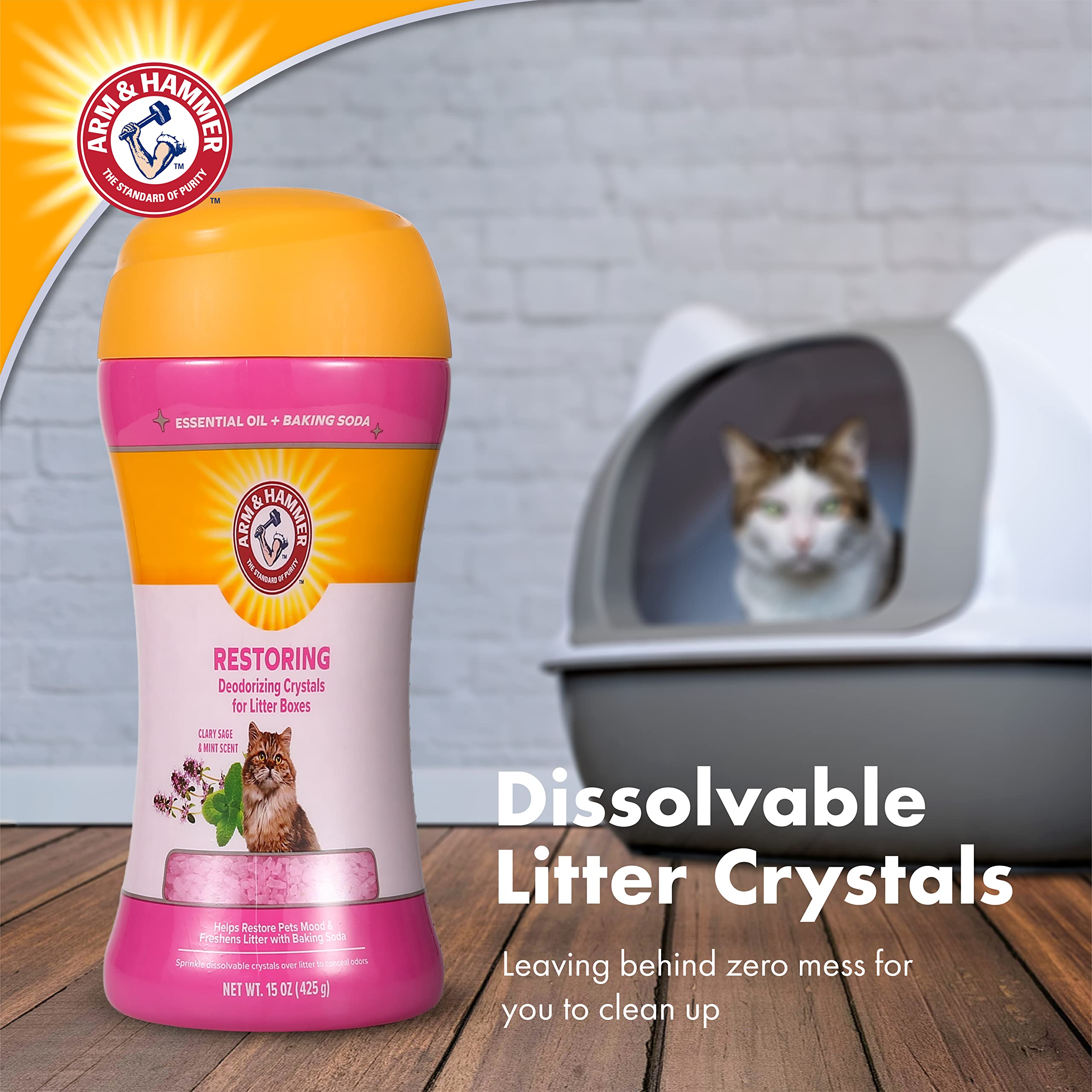 Arm & Hammer Cat Litter Deodorizer Crystals - Clary Sage & Mint Scented Odor Eliminator for Litter Boxes | 15oz | Long-Lasting Freshness for Multi-Cat Homes & Small Spaces