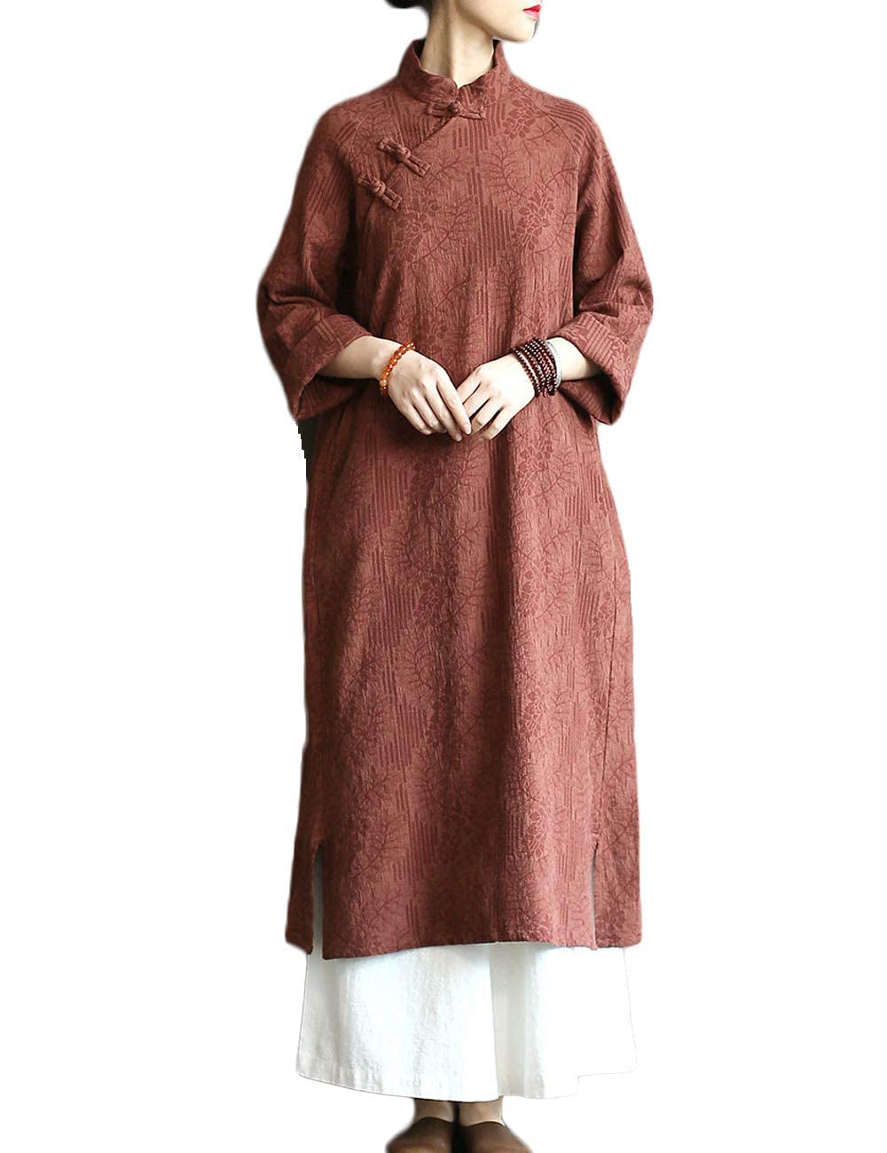 Elegant Women's Long Sleeve Qipao Dress - Chinese Cheongsam with Stand Collar, Cotton Jacquard Fabric for Spring & Fall | Perfect for Tea Parties, Cultural Events & Special Occasions