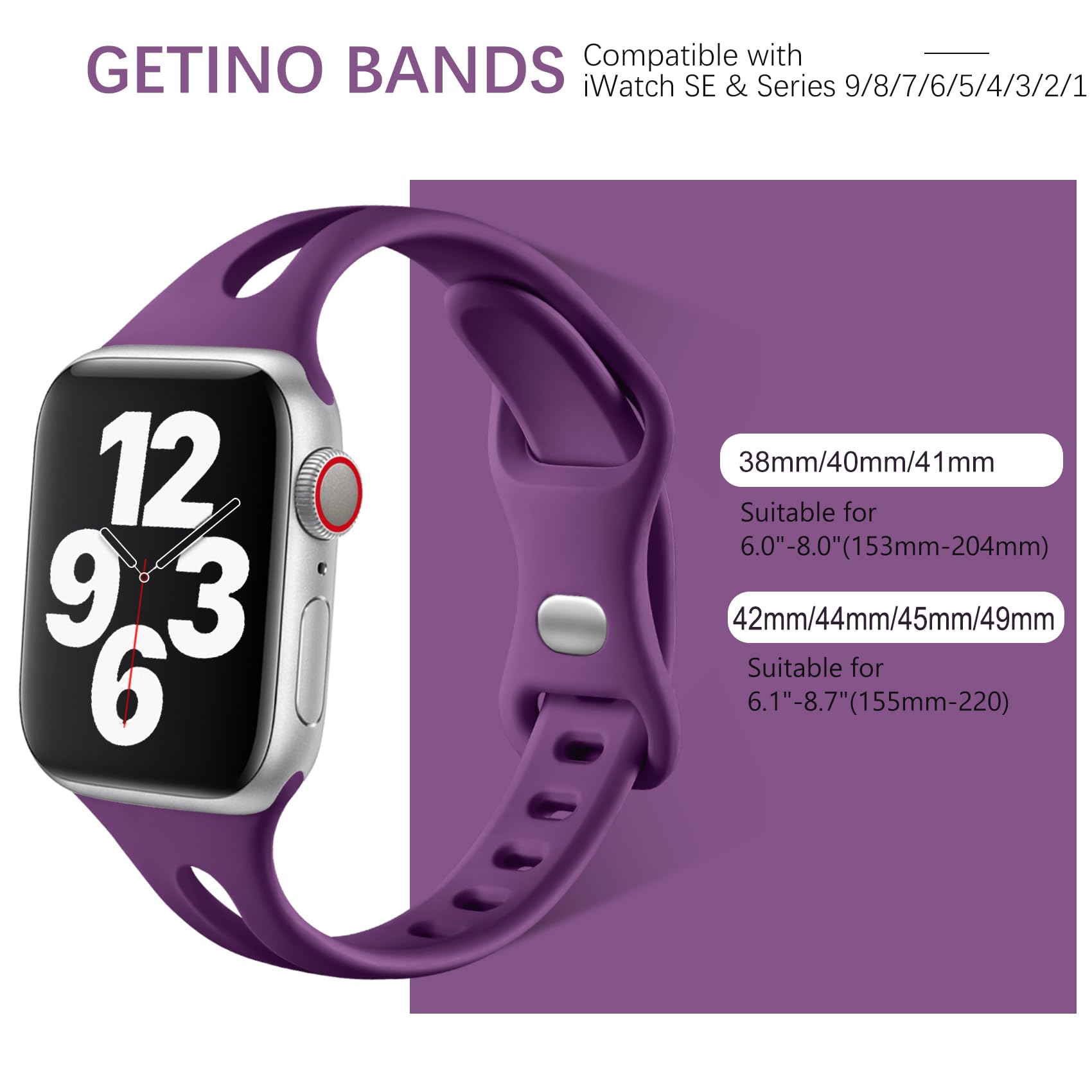 Getino Soft Silicone Sport Band Compatible with Apple Watch 42mm 44mm 45mm 46mm 49mm - for iWatch Series 1-10, SE & Ultra - Slim Comfortable Strap for Women & Men (Black/Purple/Pink Sand/Wine Red) - Perfect for Workouts, Running & Everyday Wear
