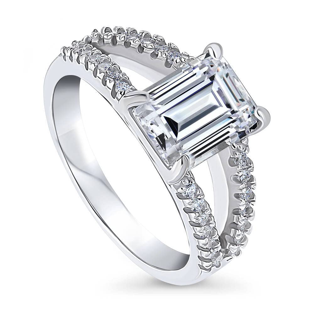 BERRICLE Sterling Silver Solitaire Wedding & Engagement Ring - 2.6 Carat Emerald Cut Cubic Zirconia CZ Promise Split Shank Ring for Women, Rhodium Plated (Size 4-10) - Perfect for Proposals, Anniversaries & Special Occasions