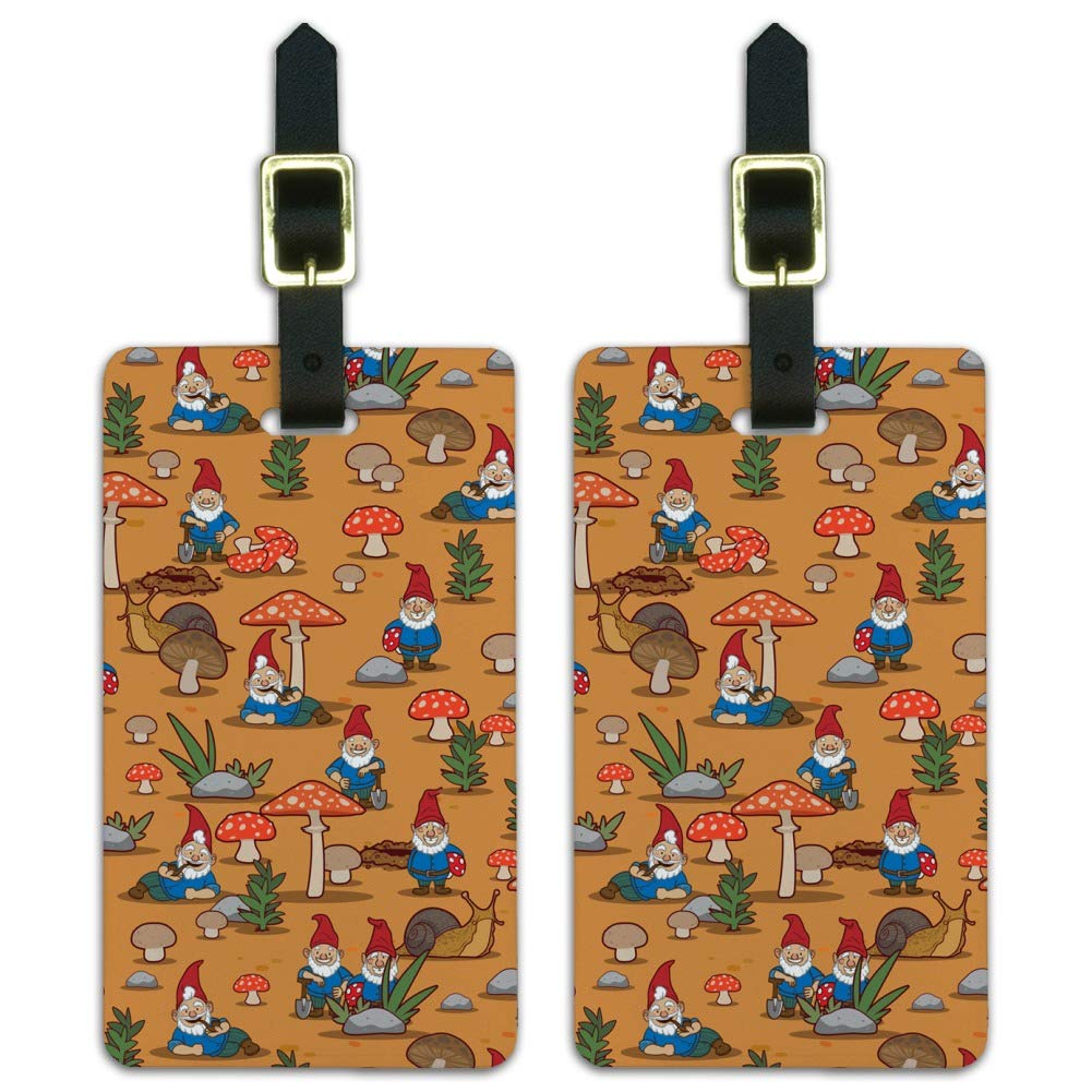Gnomes, Toadstools & Mushrooms Pattern Luggage ID Tags - Set of 2 for Suitcases, Backpacks & Travel Bags | Whimsical Fairy Garden Accessories