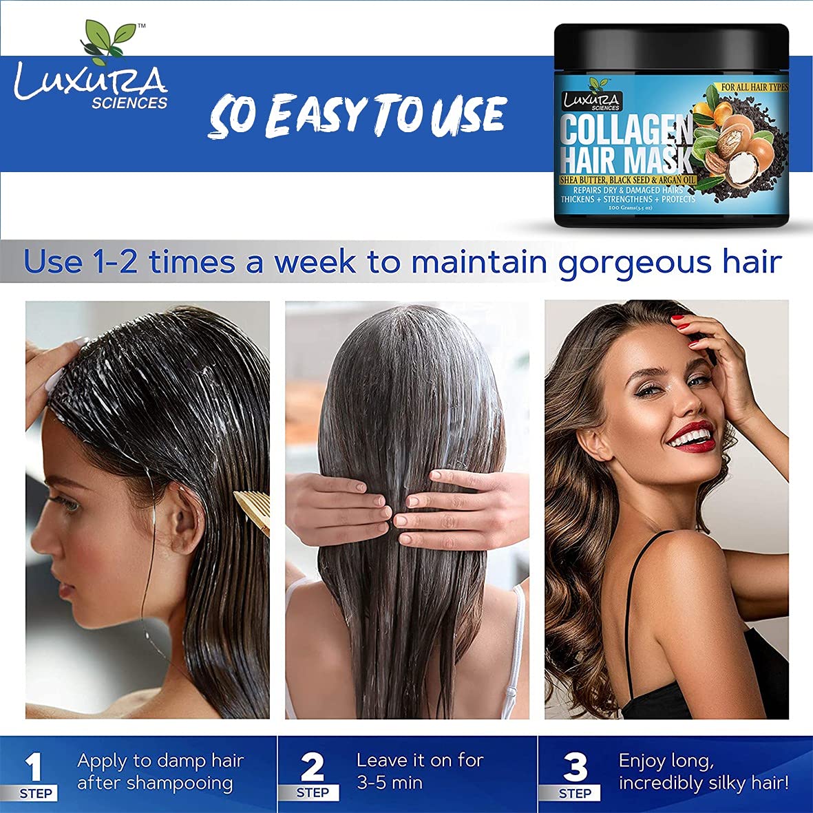 Luxura Sciences Collagen Hair Mask & Deep Conditioner with Black Seed Oil, Argan Oil & Shea Butter - Intense Hydration & Repair Treatment for Dry, Damaged Hair - 100g (Refreshing Peace) - Perfect for Post-Shower Hair Care & Weekly Nourishment Routine
