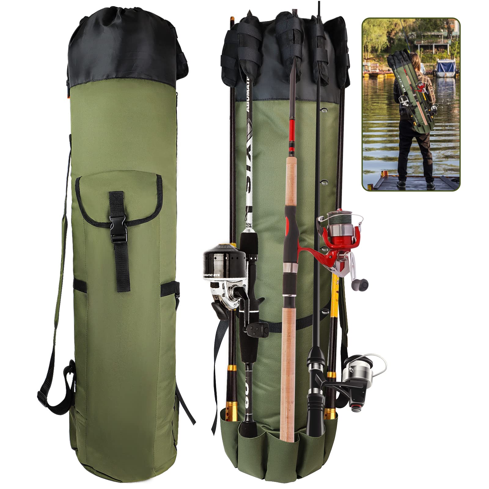 **FOUUAAOOU Fishing Rod Bag - Durable Folding Oxford Fabric Fishing Pole Case, Portable Fishing Gear for Men - Ideal for Travel, Storage & Fishing Gifts (Green)**