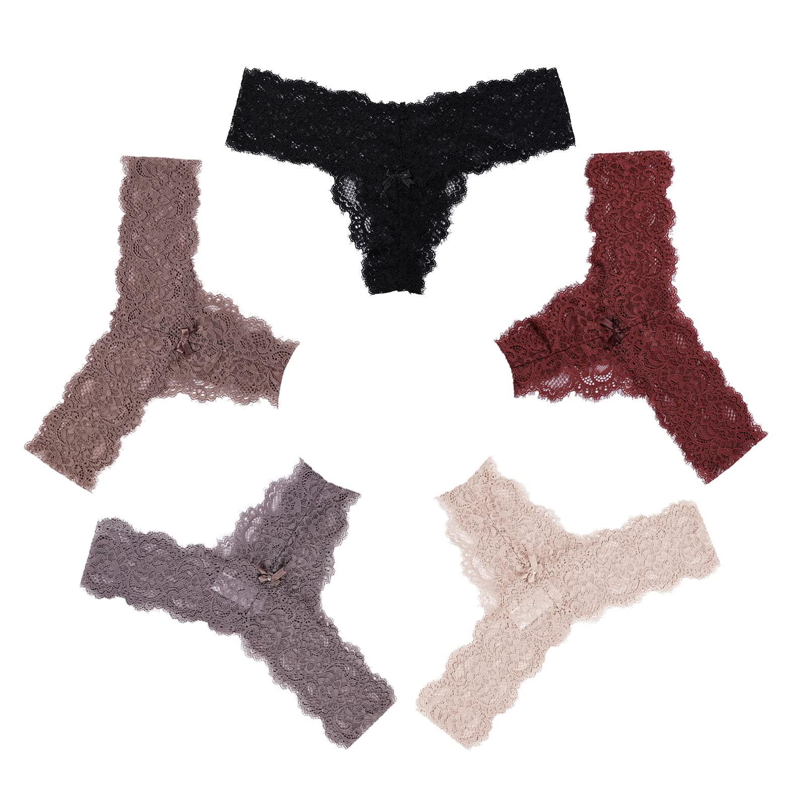 4UFIT Women's Lace Thong Underwear - Sexy See-Through T-Back Tanga Panties (5-Pack) | Comfortable & Breathable for Daily Wear, Date Night & Special Occasions