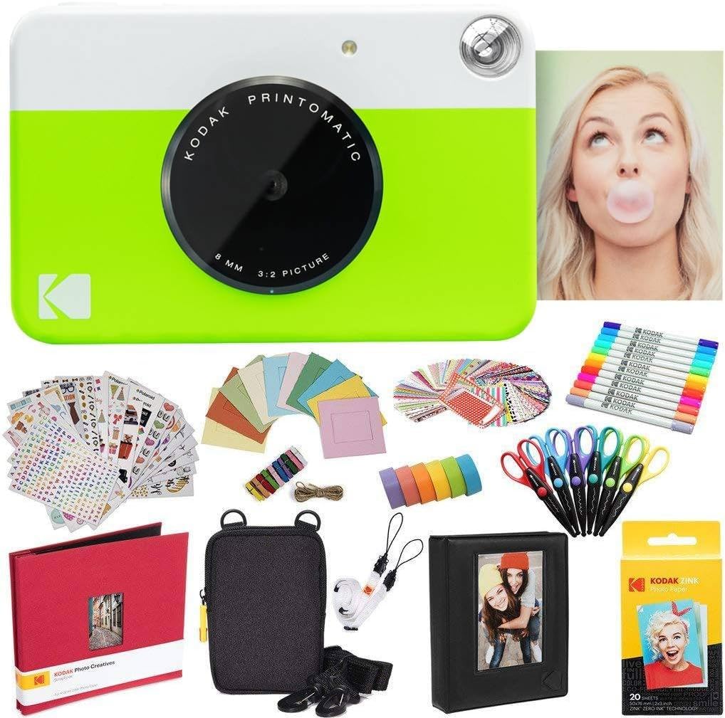 KODAK Printomatic Instant Camera Bundle - Green, Includes Zink Photo Paper (20 Sheets), Carrying Case, Photo Album, 7 Sticker Sets, Markers & Scissors | Perfect for Parties, Travel Memories & DIY Scrapbooking