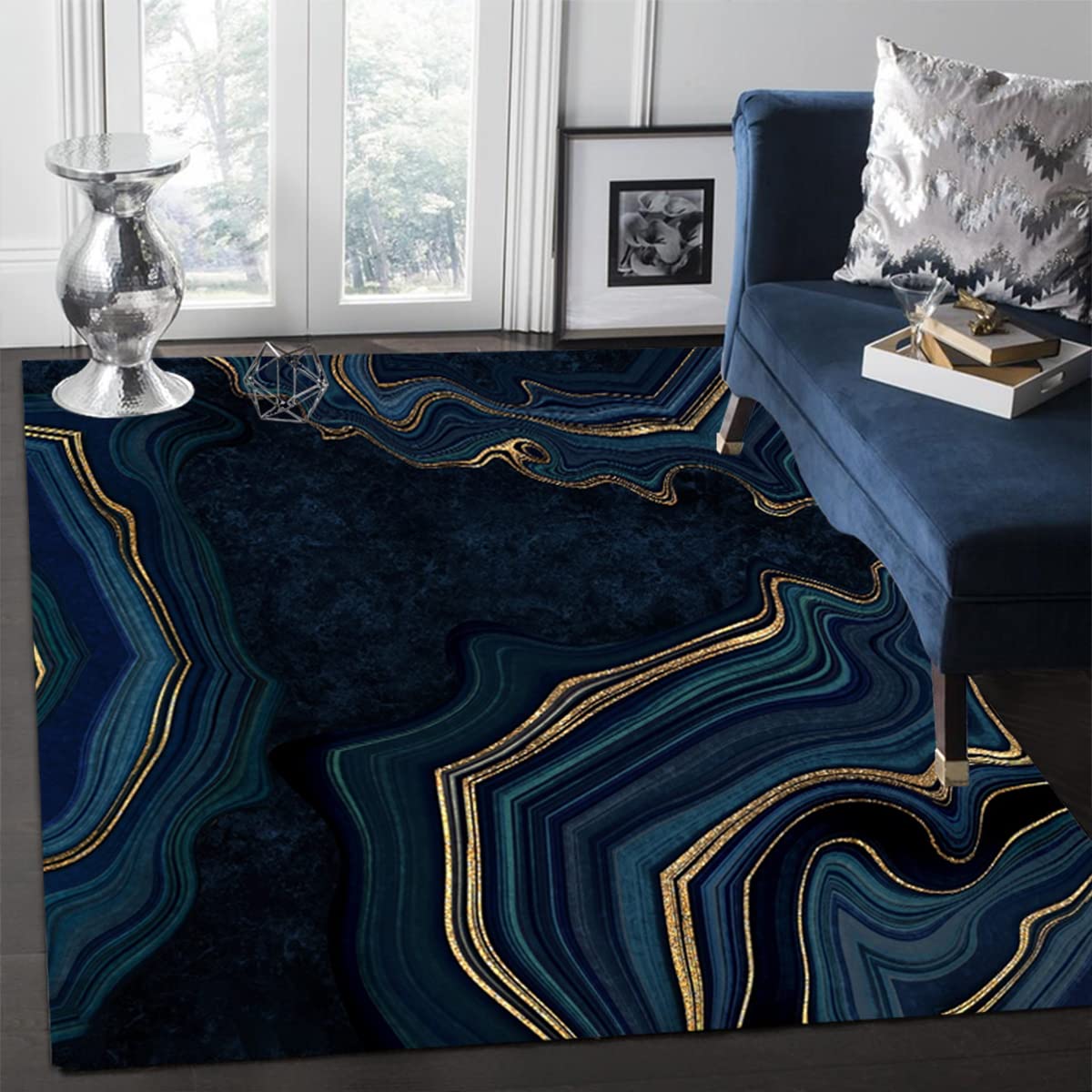 5x7 Modern Abstract Navy Gold Area Rug - Retro Marble Striped Washable Soft Luxury Carpet for Living Room, Bedroom, Dining Table, Home Office & Kitchen | Farmhouse Chic Indoor Floor Rug for Cozy Home Decor