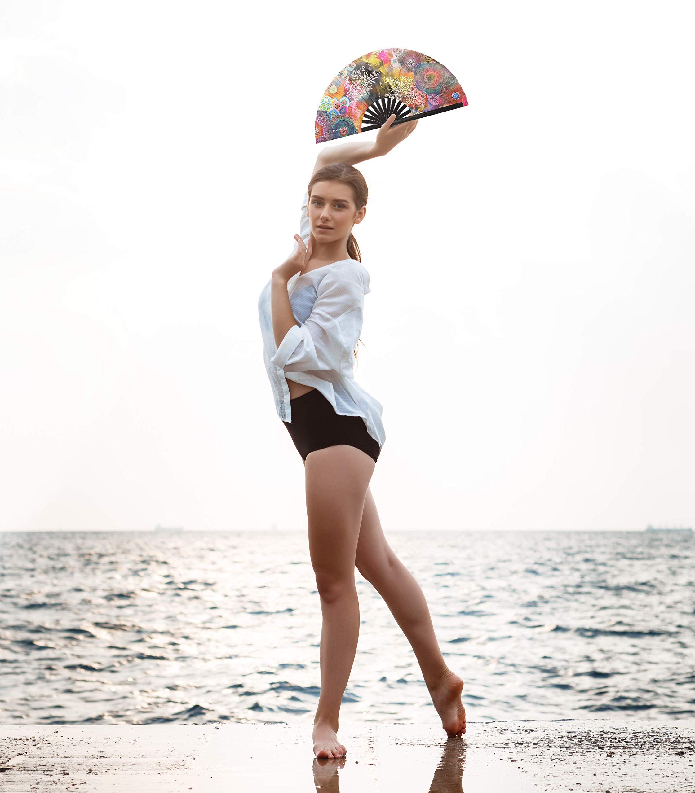 Foldable Coral Reef Hand Fan - UV Glow Bamboo Fan for Women, Beach Parties & Underwater Photography | Portable Rave Accessory & Tropical Home Decor
