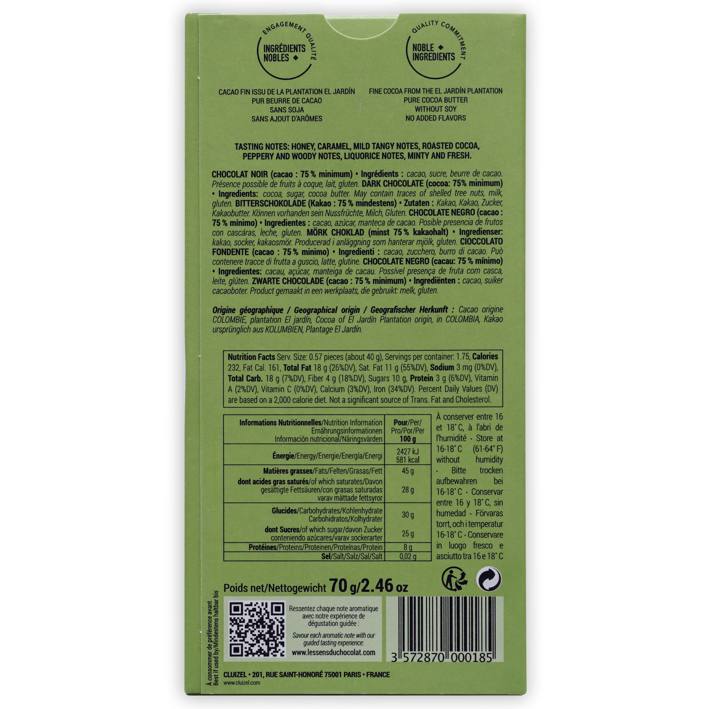 Michel Cluizel Plantation El Jardín Noir 75% Dark Chocolate Bar - Premium Gourmet Chocolate for Gifts, Baking & Desserts